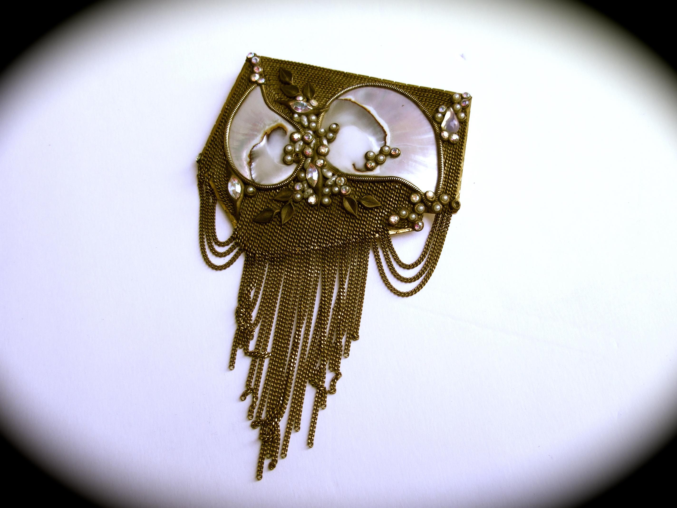  Mother of Pearl Jeweled Artisan Massive Gilt Metal Tassel Brooch c 1970s For Sale 6
