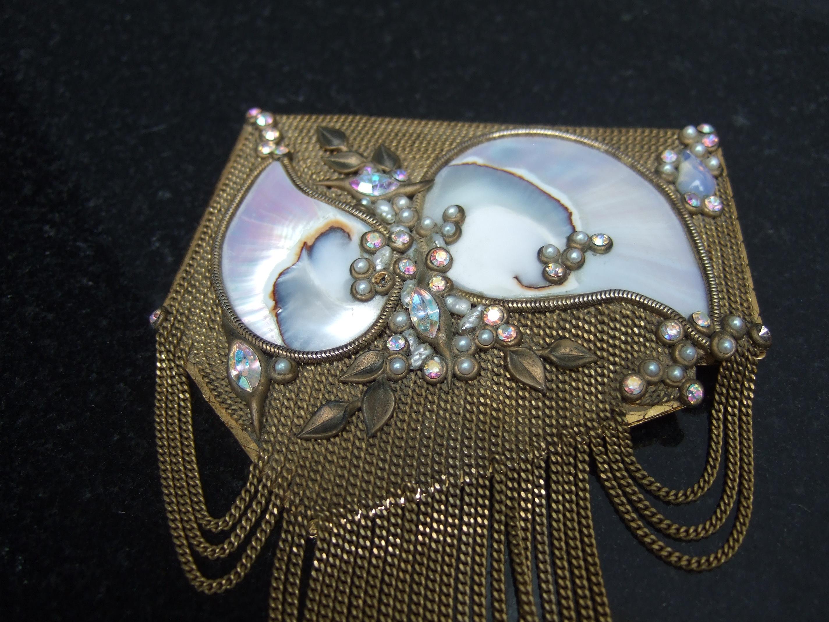  Mother of Pearl Jeweled Artisan Massive Gilt Metal Tassel Brooch c 1970s For Sale 7