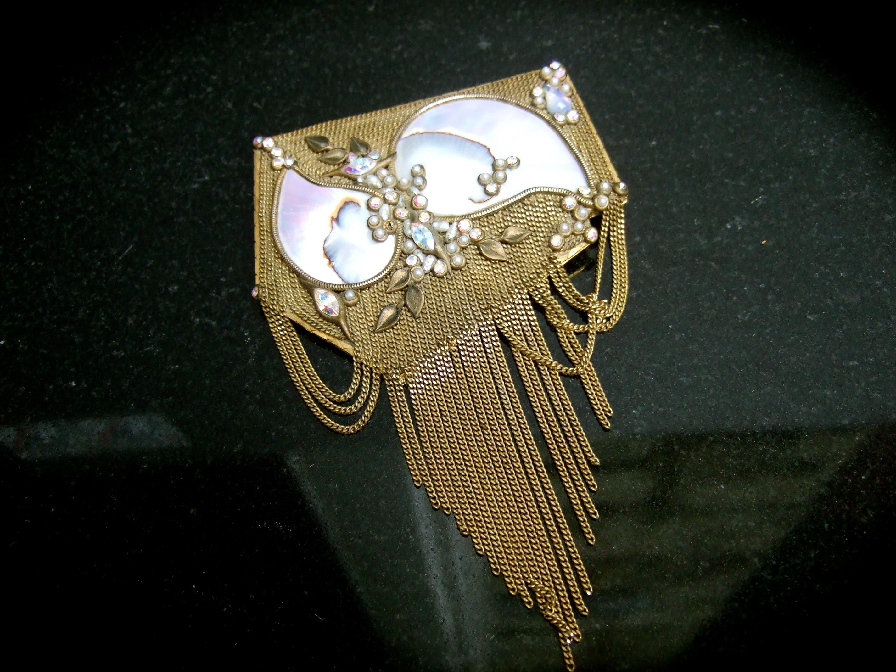  Mother of Pearl Jeweled Artisan Massive Gilt Metal Tassel Brooch c 1970s For Sale 8