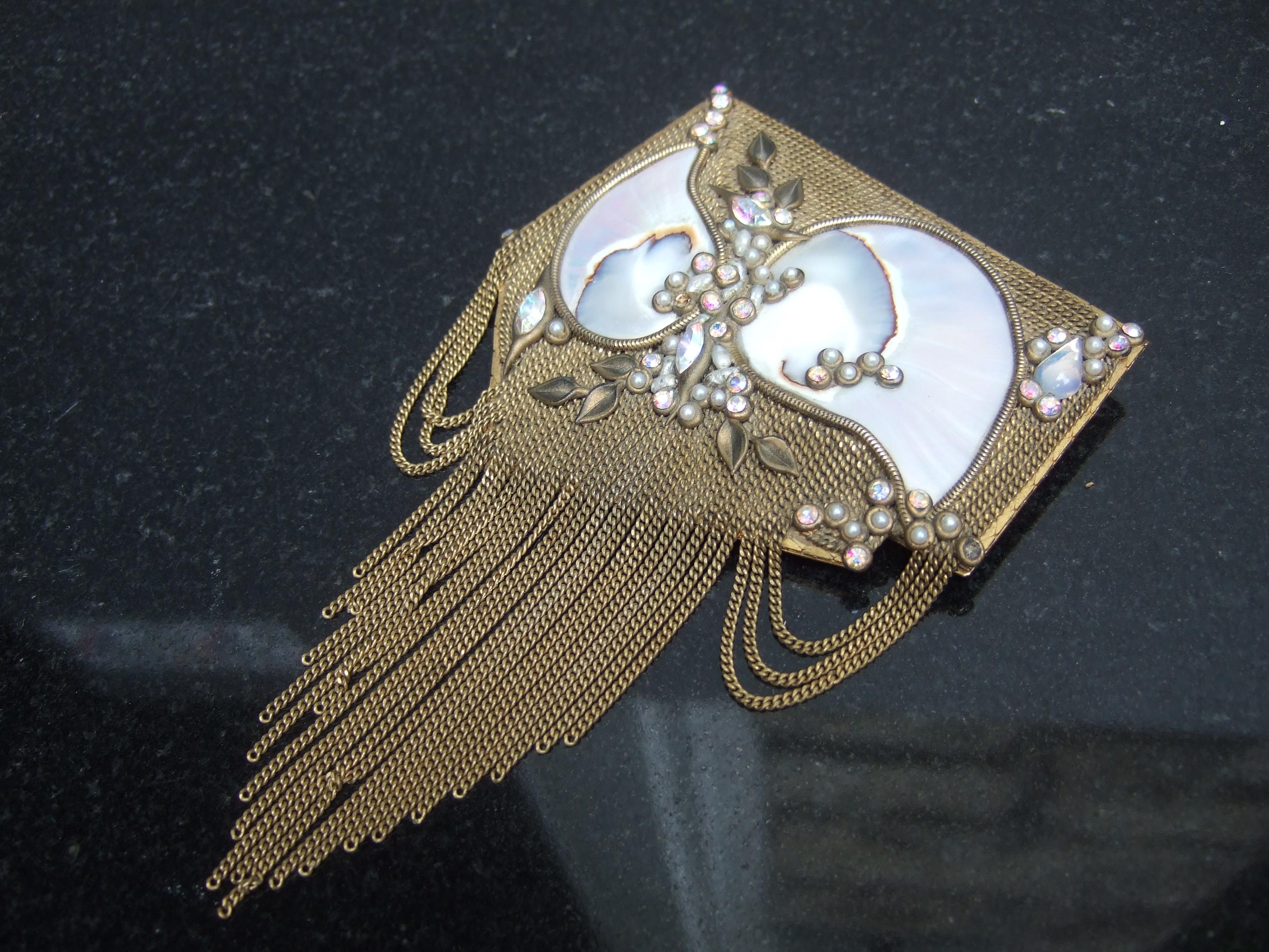  Mother of Pearl Jeweled Artisan Massive Gilt Metal Tassel Brooch c 1970s For Sale 9