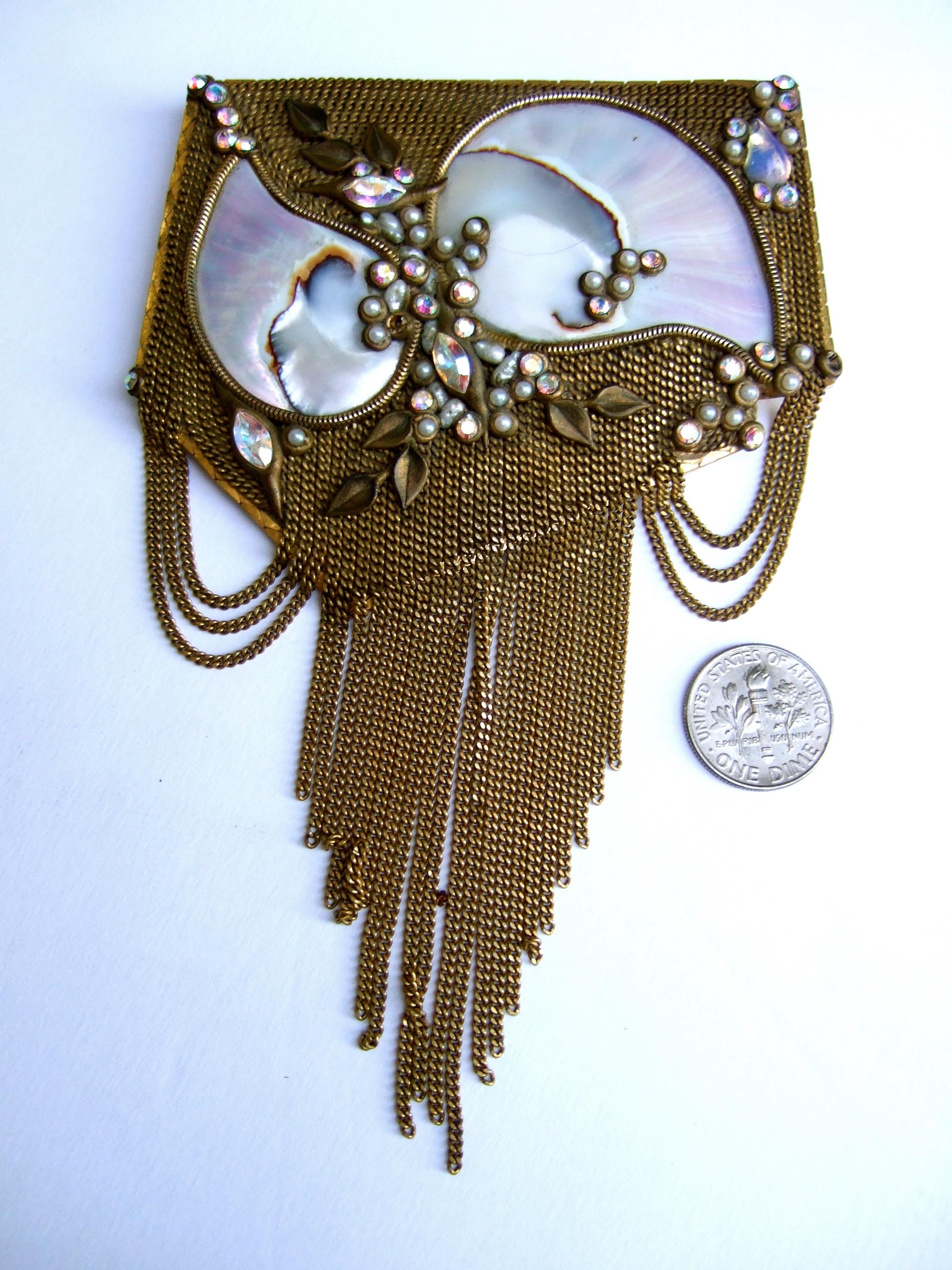  Mother of Pearl Jeweled Artisan Massive Gilt Metal Tassel Brooch c 1970s For Sale 10