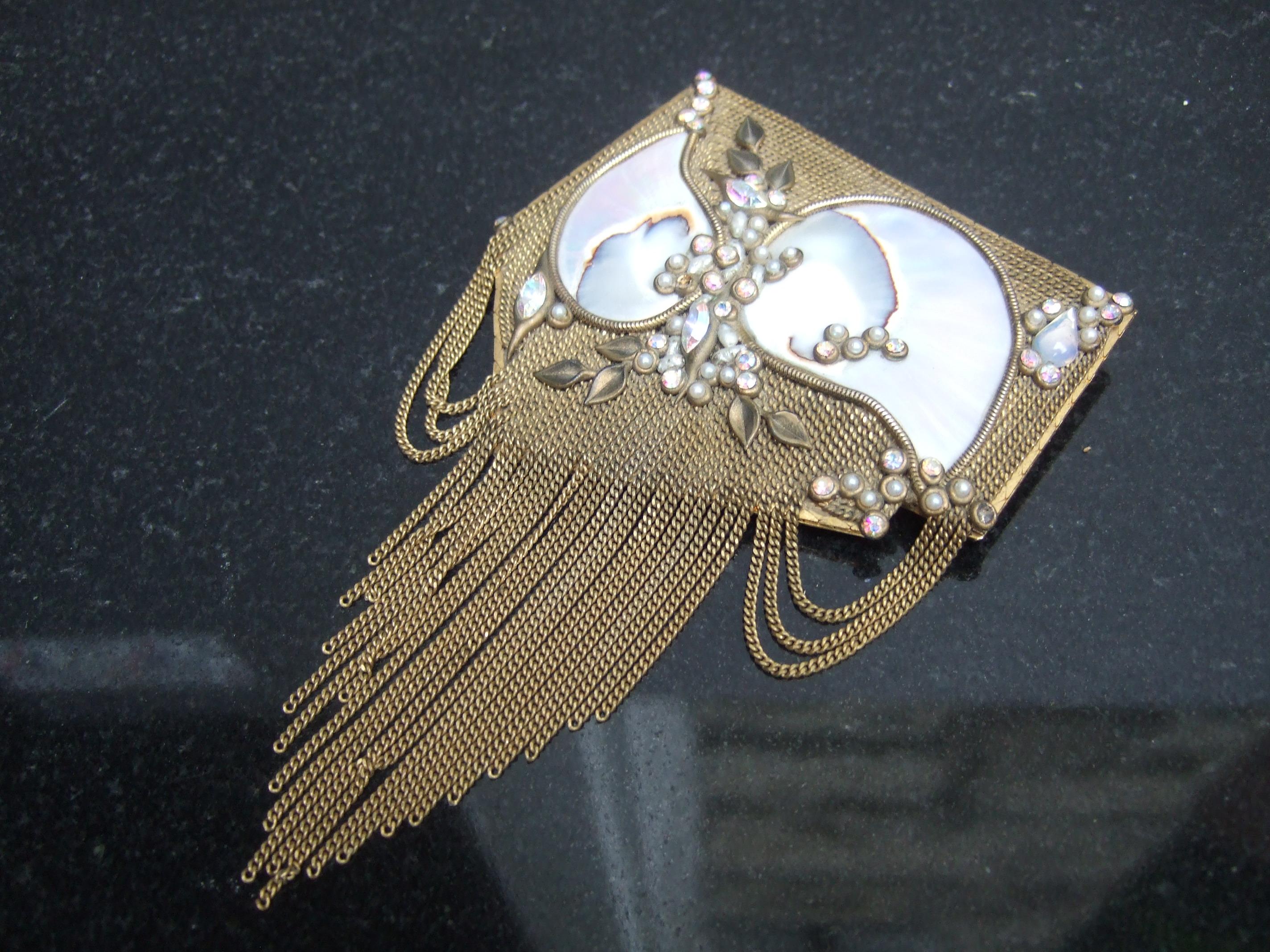  Mother of Pearl Jeweled Artisan Massive Gilt Metal Tassel Brooch c 1970s In Good Condition For Sale In University City, MO