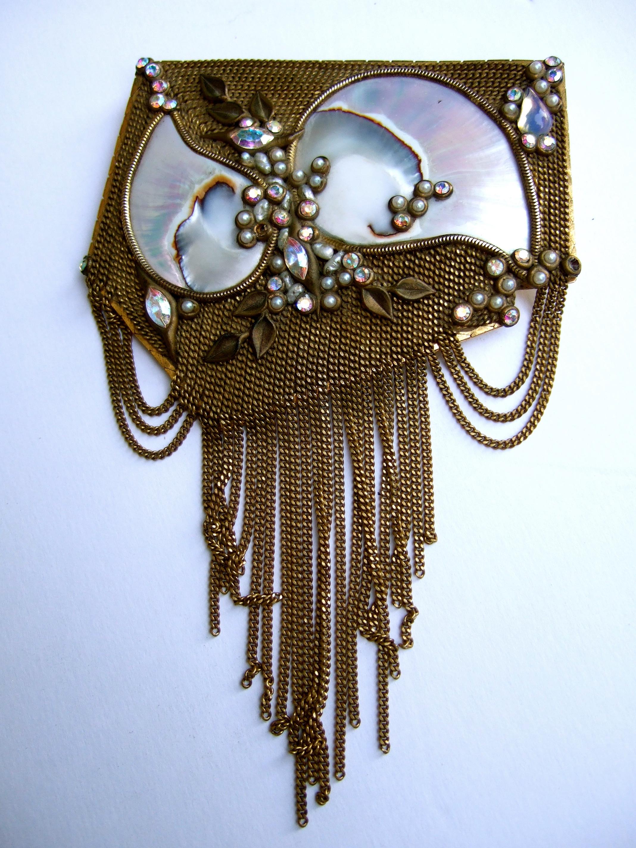 Women's  Mother of Pearl Jeweled Artisan Massive Gilt Metal Tassel Brooch c 1970s For Sale