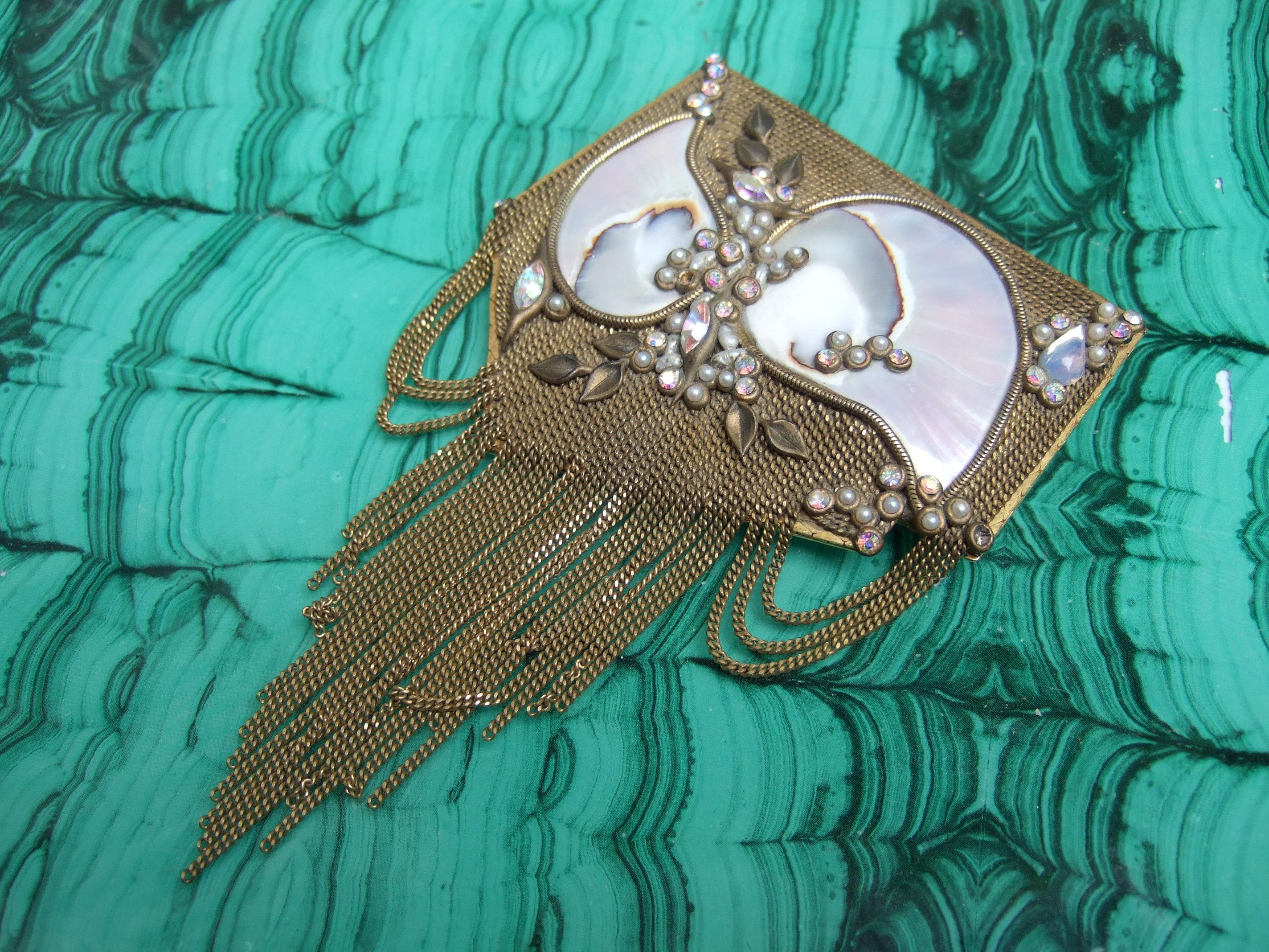  Mother of Pearl Jeweled Artisan Massive Gilt Metal Tassel Brooch c 1970s For Sale 1