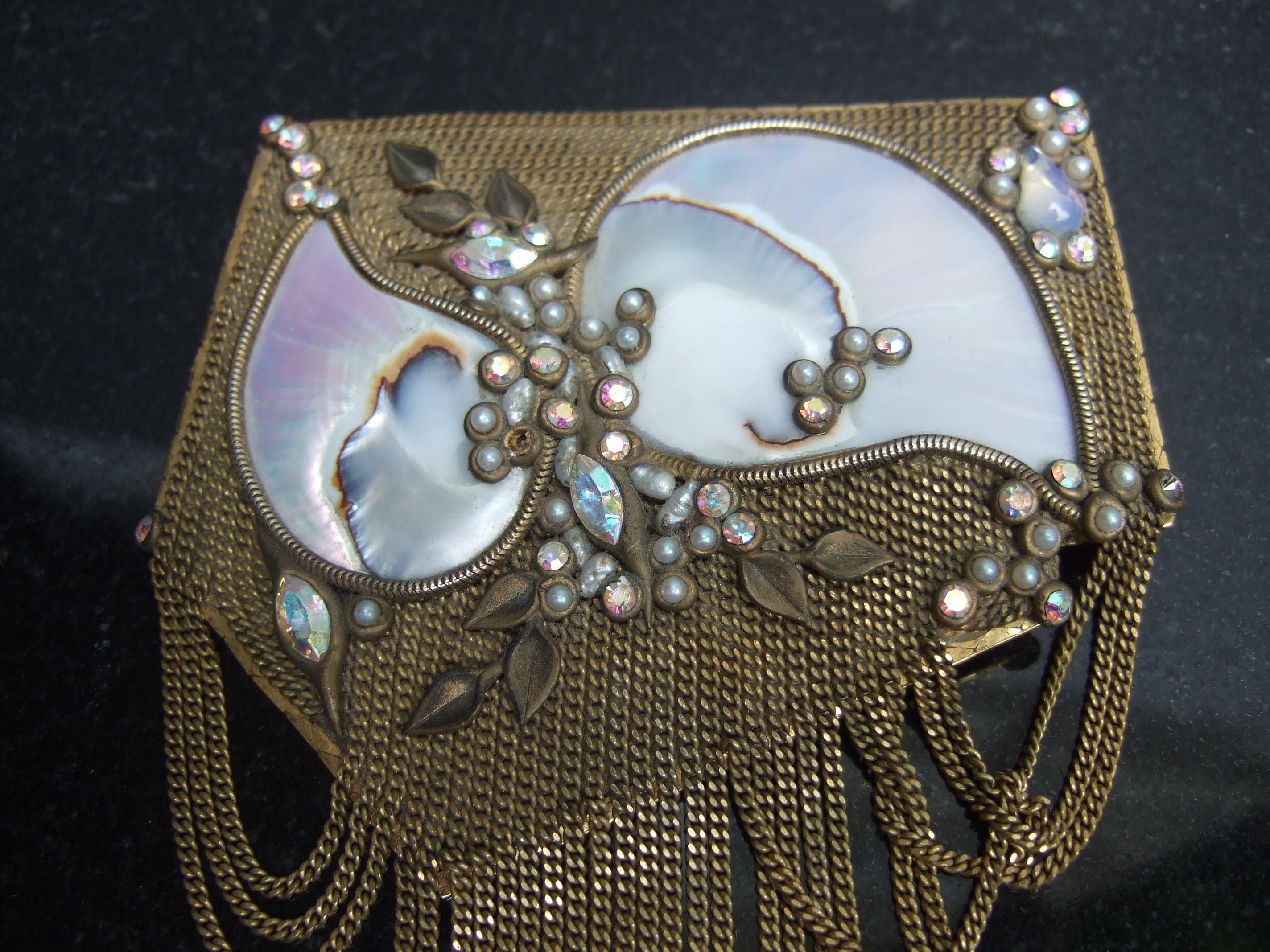  Mother of Pearl Jeweled Artisan Massive Gilt Metal Tassel Brooch c 1970s For Sale 2