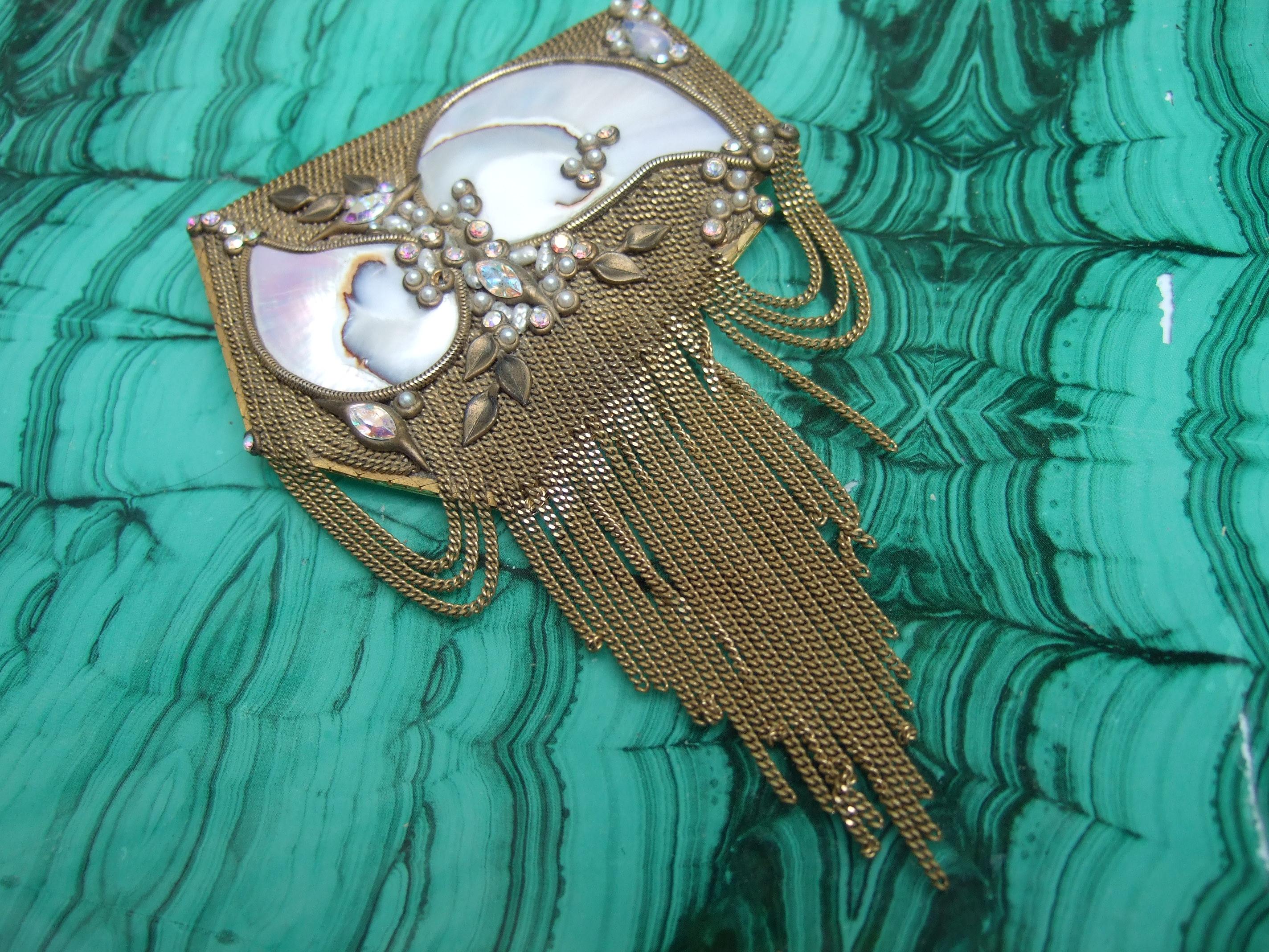  Mother of Pearl Jeweled Artisan Massive Gilt Metal Tassel Brooch c 1970s For Sale 3