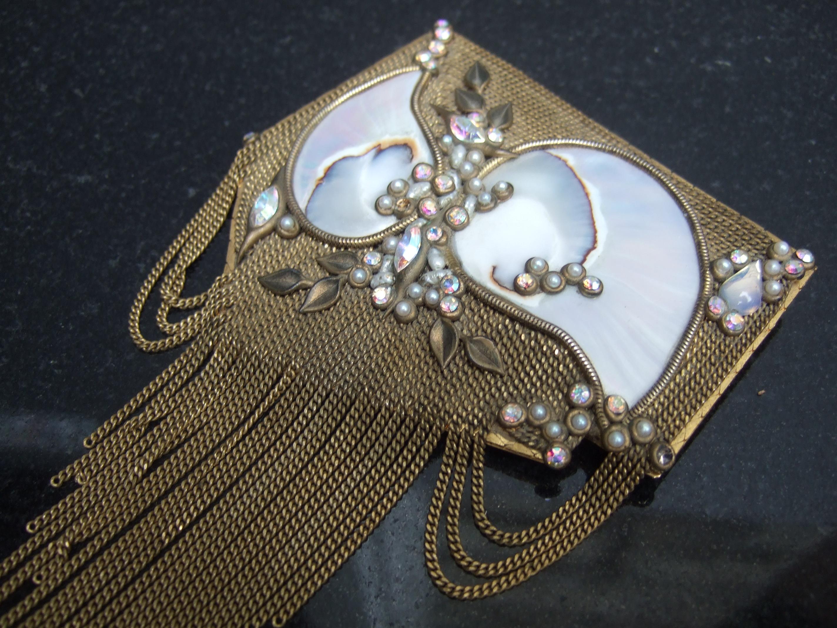  Mother of Pearl Jeweled Artisan Massive Gilt Metal Tassel Brooch c 1970s For Sale 4