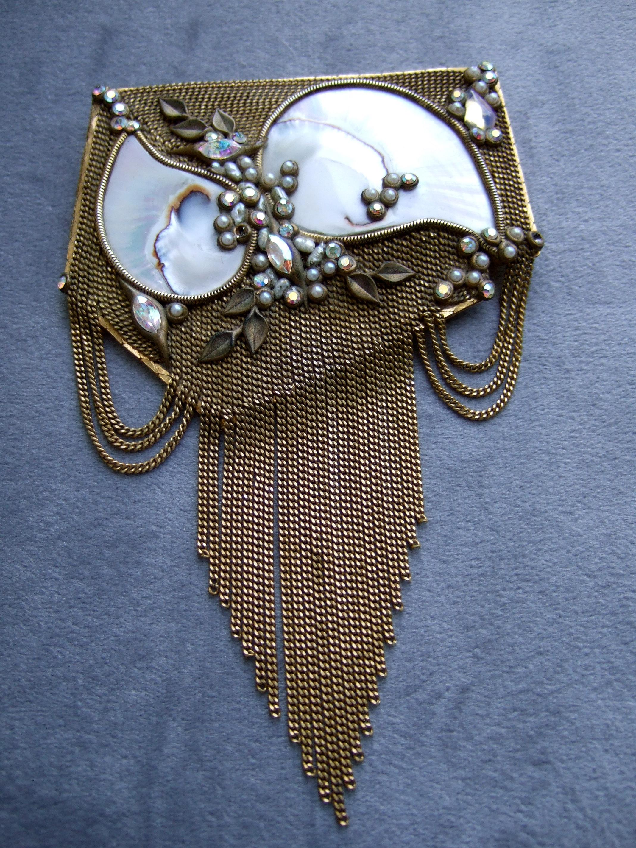  Mother of Pearl Jeweled Artisan Massive Gilt Metal Tassel Brooch c 1970s For Sale 5