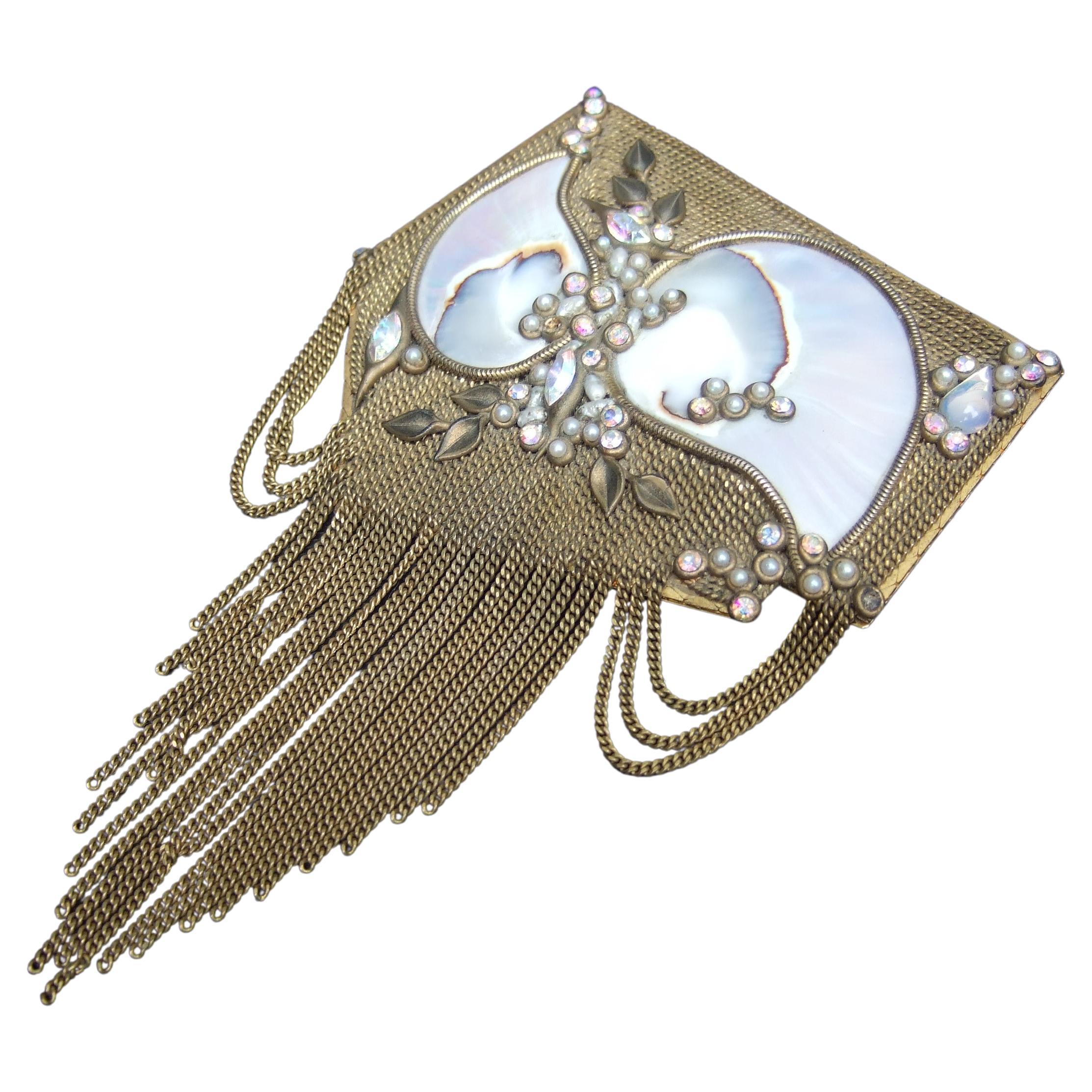 Mother of Pearl Jeweled Artisan Massive Gilt Metal Tassel Brooch c 1970s