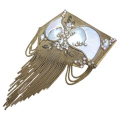  Mother of Pearl Jeweled Artisan Massive Gilt Metal Tassel Brooch c 1970s