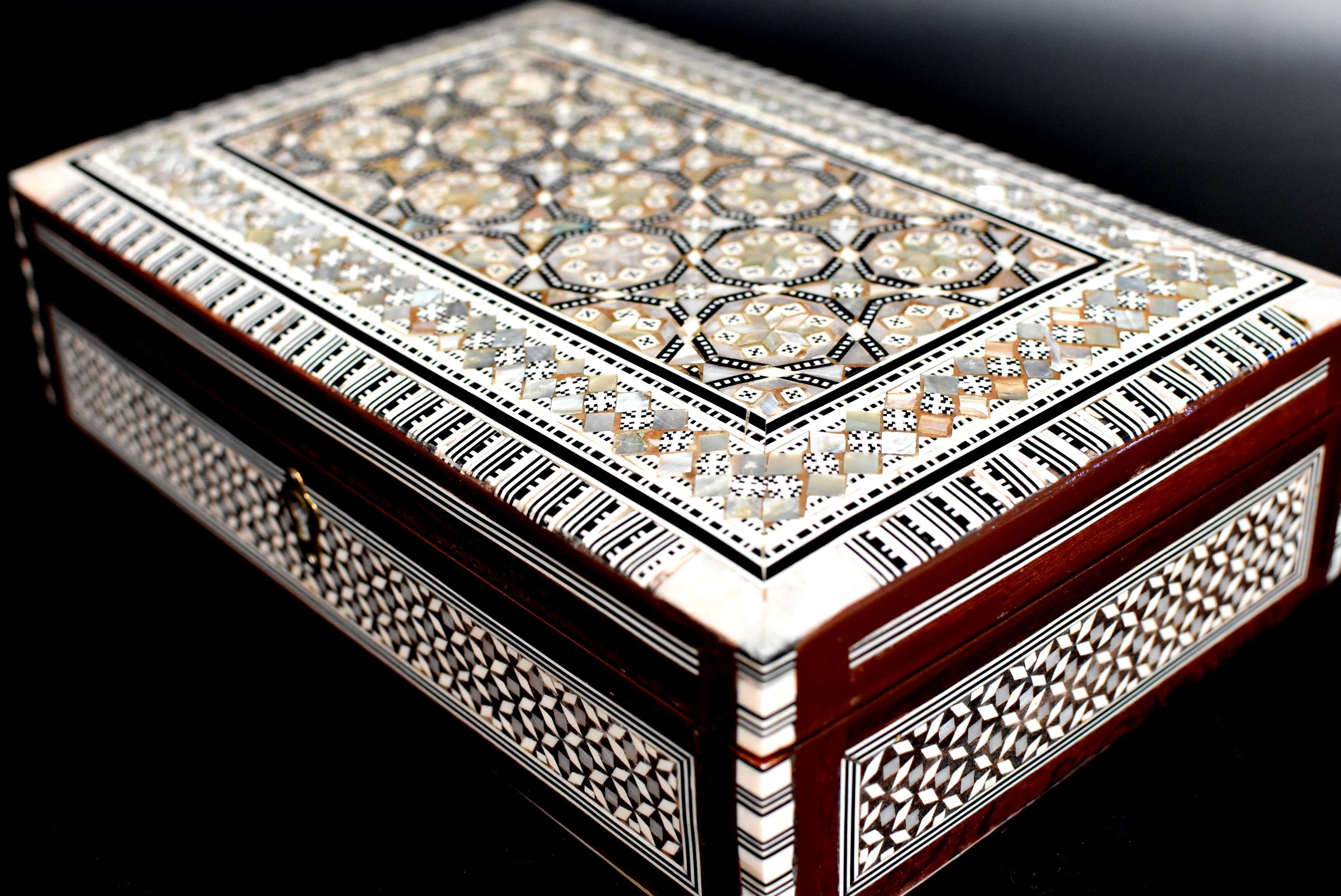 Egyptian Mother of Pearl Jewelry Box Lined with Red Felt