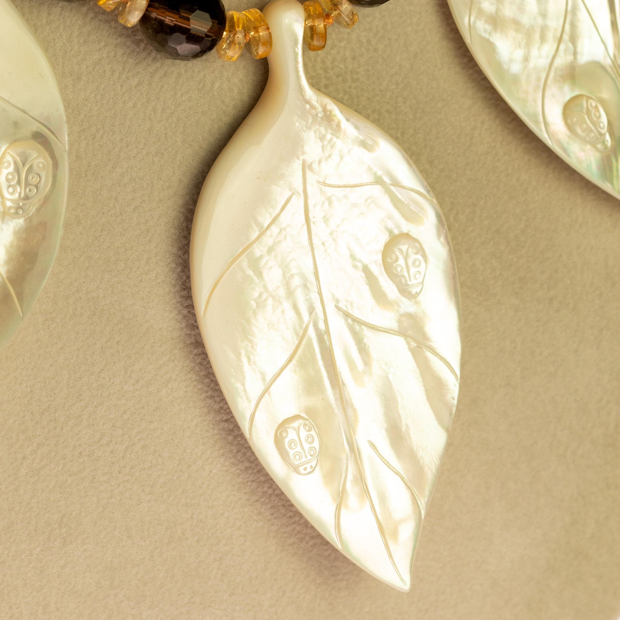 Art Nouveau Madreperla Foglie Quarzo Citrino Fumè Argento Collana Foglie Intini in vendita