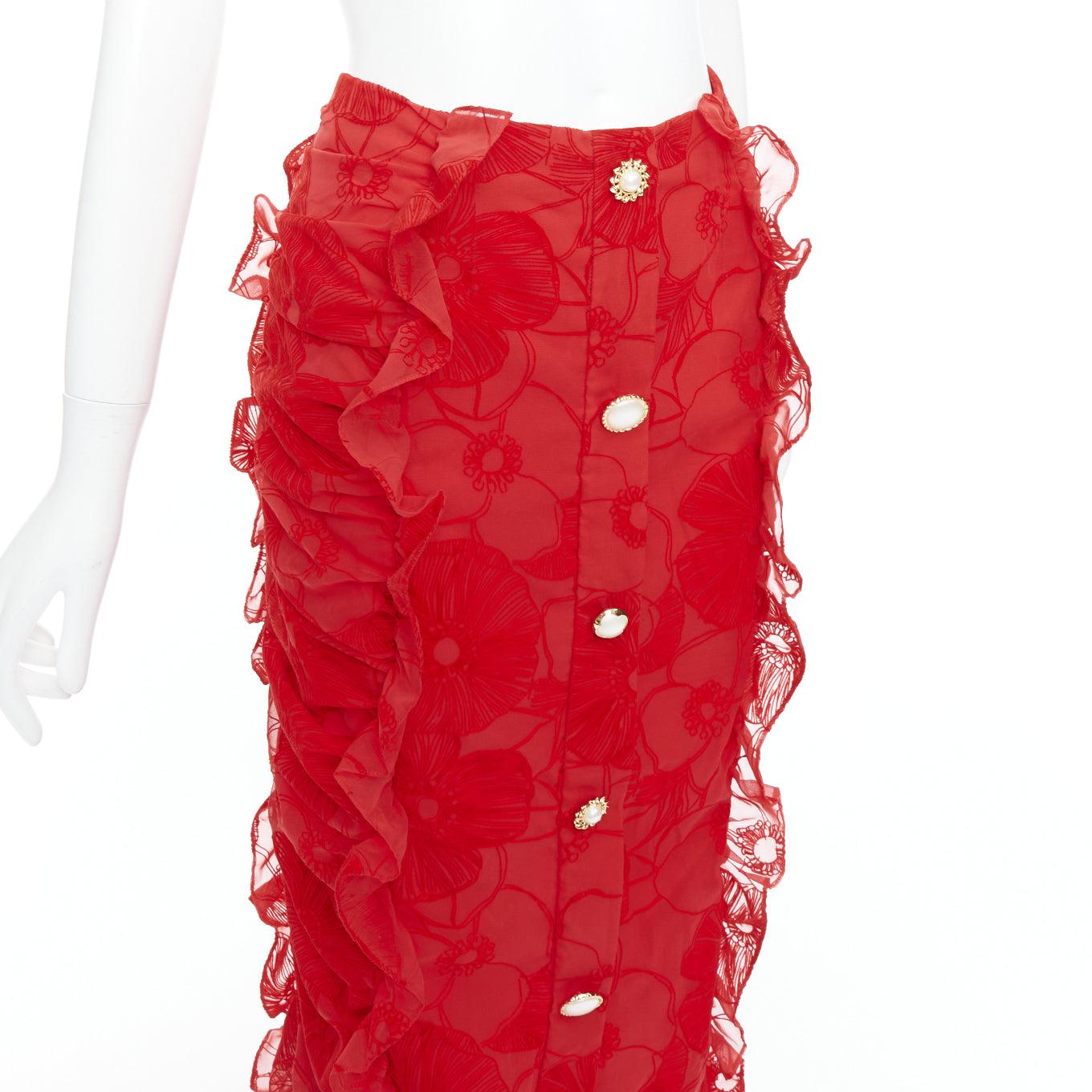 MOTHER OF PEARL LONDON red velvet sheer ruffle button pencil skirt UK6 XS
Reference: CNLE/A00394
Brand: Mother Of Pearl London
Material: Polyester, Blend
Color: Red, Gold
Pattern: Floral
Closure: Zip
Lining: Red Fabric
Extra Details: Back zip.
Made