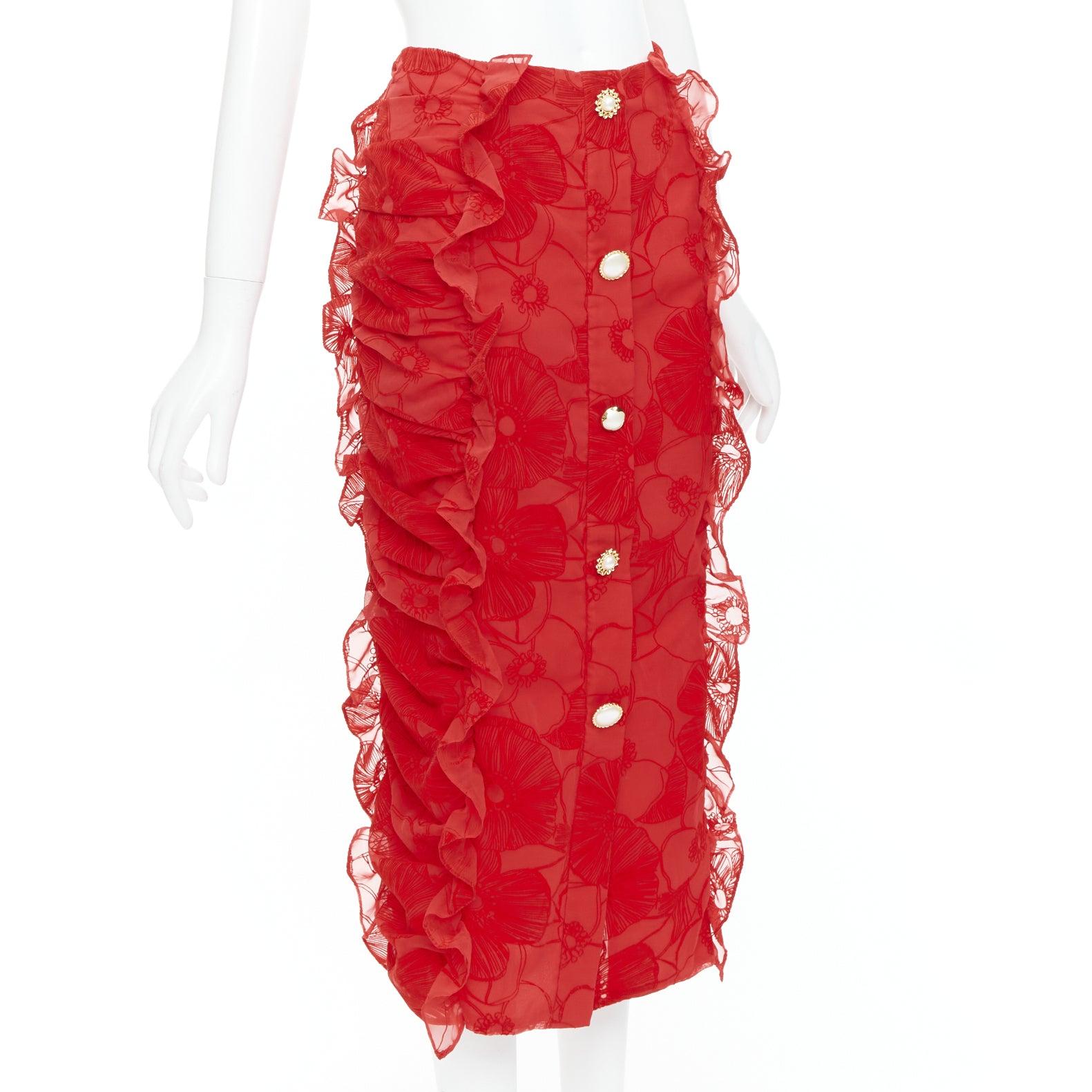 Red MOTHER OF PEARL LONDON red velvet sheer ruffle button pencil skirt UK6 XS For Sale