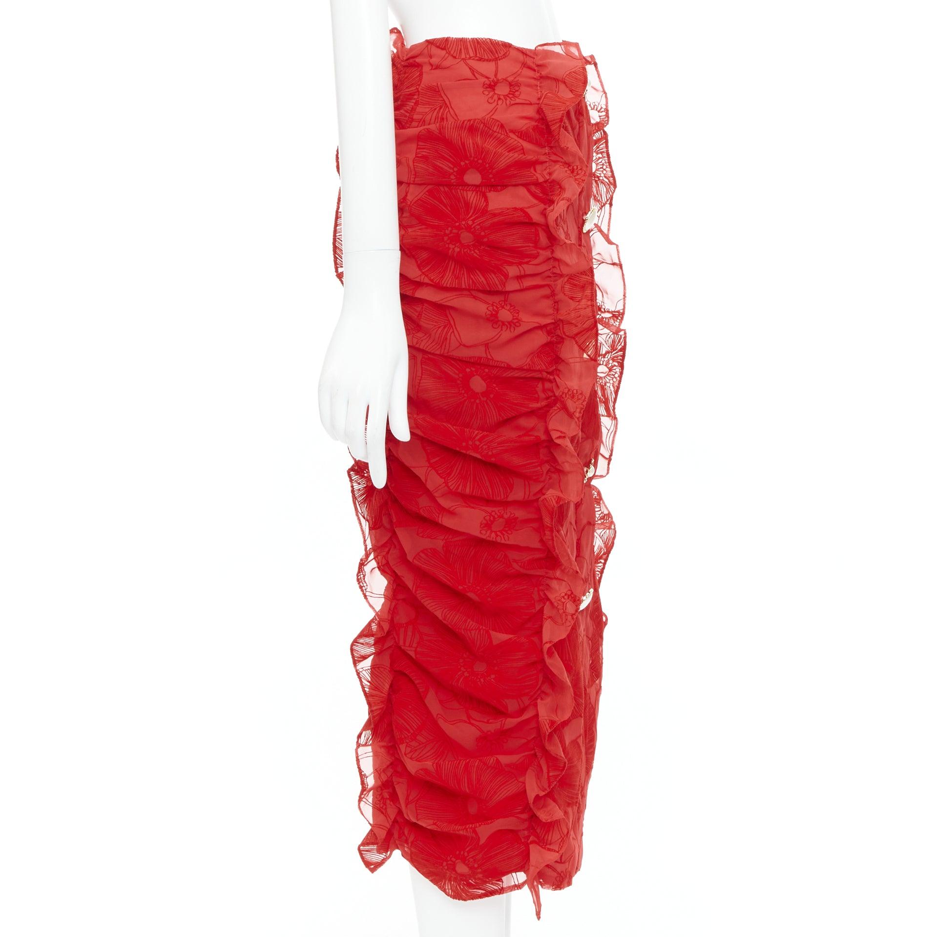 MOTHER OF PEARL LONDON red velvet sheer ruffle button pencil skirt UK6 XS In Good Condition For Sale In Hong Kong, NT