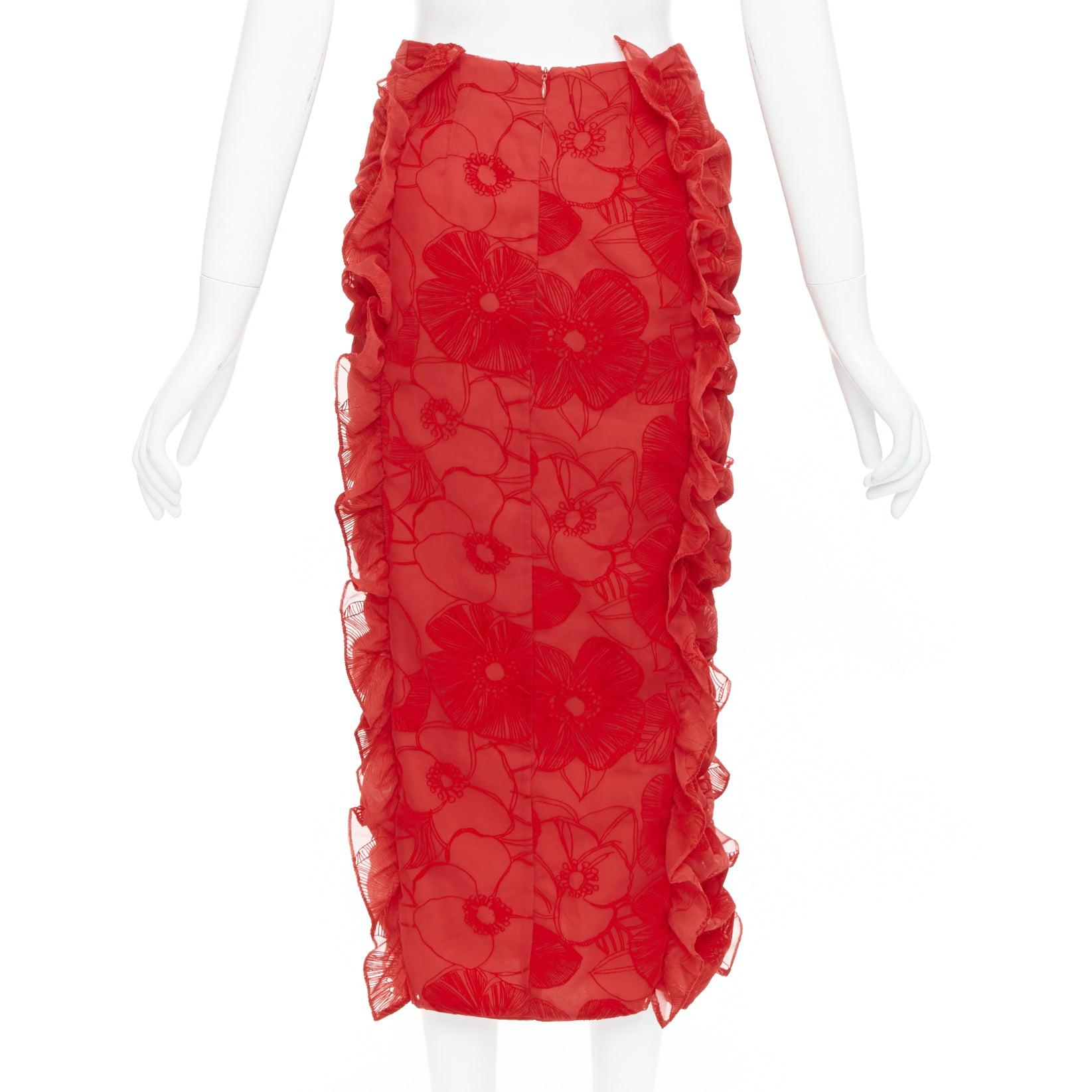 Women's MOTHER OF PEARL LONDON red velvet sheer ruffle button pencil skirt UK6 XS For Sale