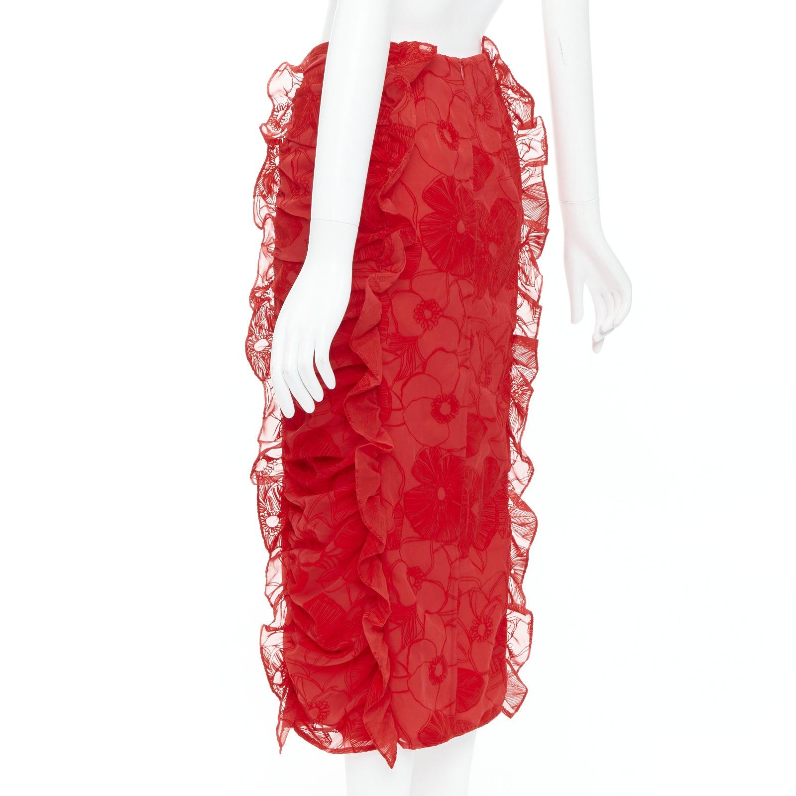 MOTHER OF PEARL LONDON red velvet sheer ruffle button pencil skirt UK6 XS For Sale 1