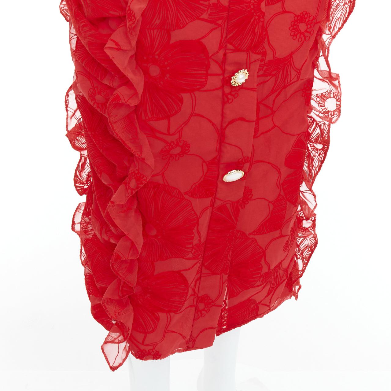 MOTHER OF PEARL LONDON red velvet sheer ruffle button pencil skirt UK6 XS For Sale 2
