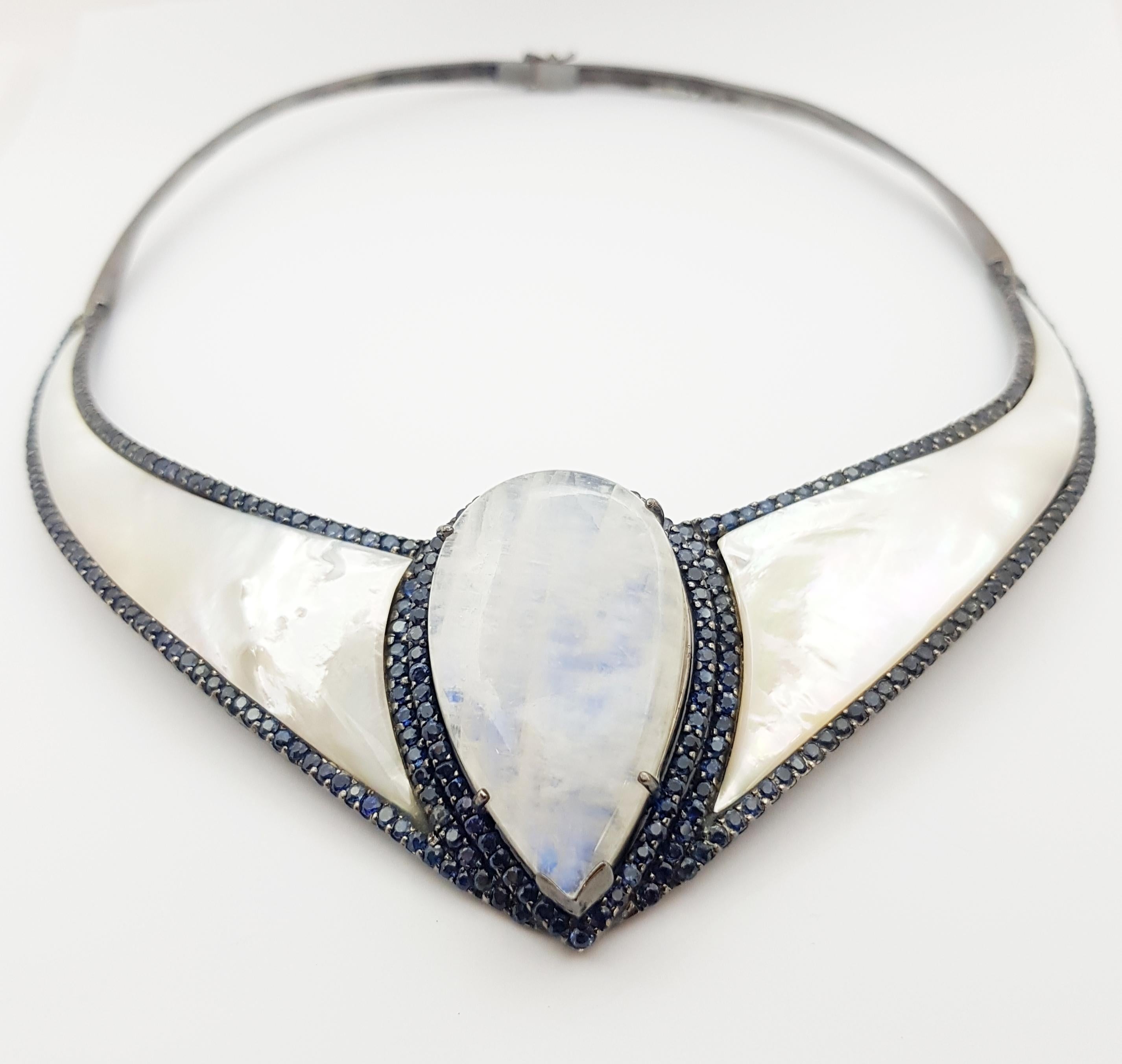Contemporary Mother of Pearl, Moonstone and Blue Sapphire Necklace set in Silver Settings For Sale