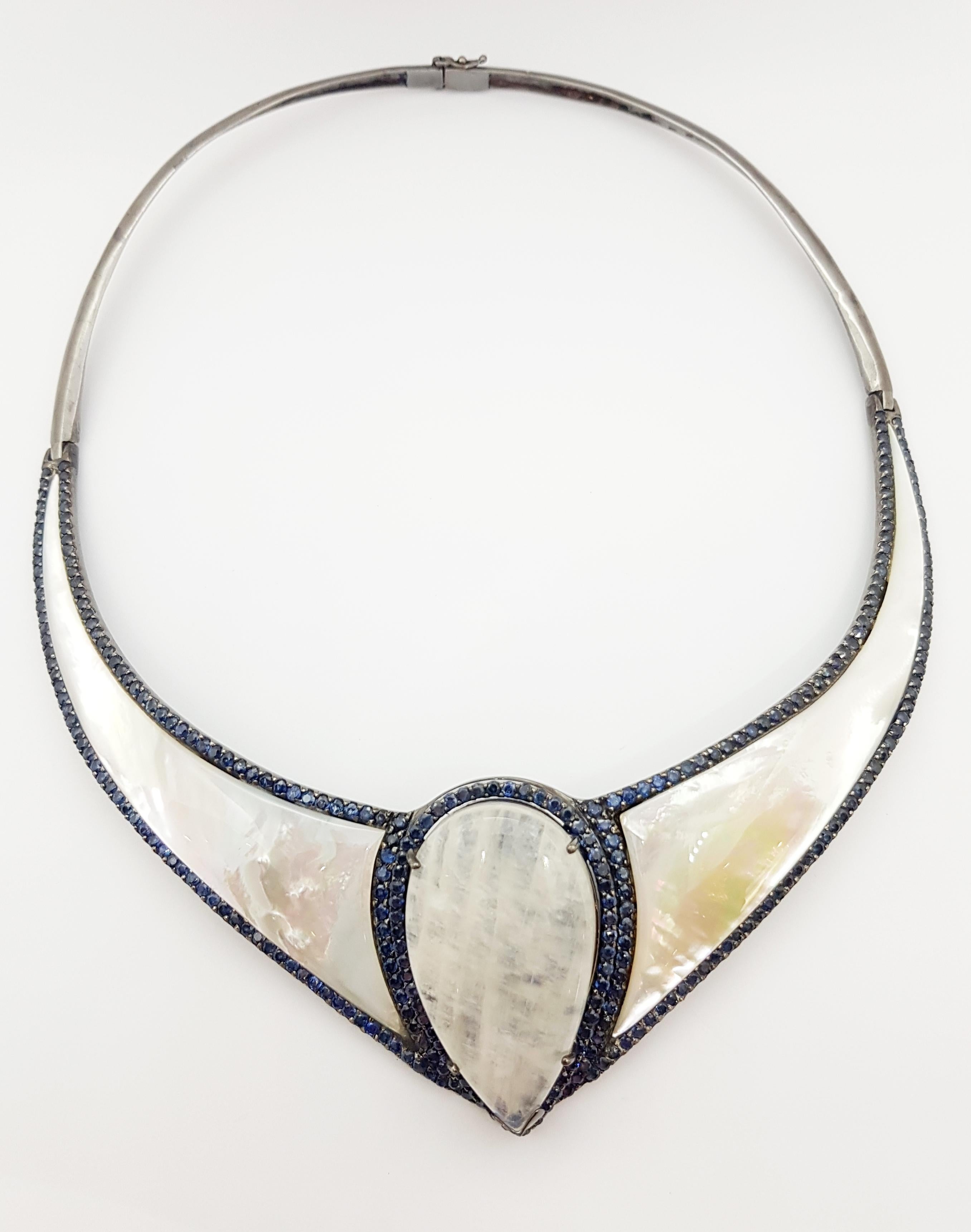 Mixed Cut Mother of Pearl, Moonstone and Blue Sapphire Necklace set in Silver Settings For Sale