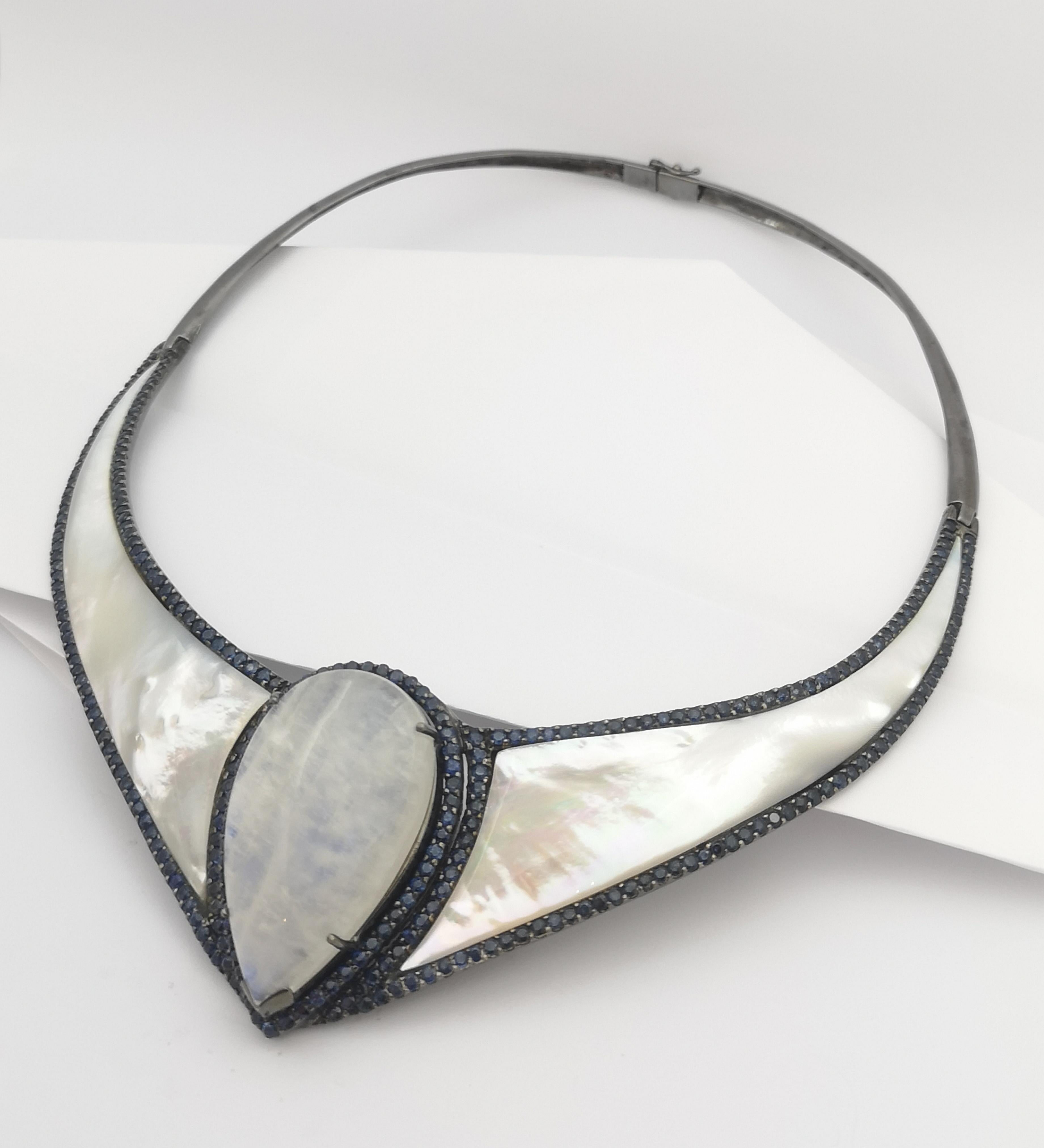 Women's Mother of Pearl, Moonstone and Blue Sapphire Necklace set in Silver Settings For Sale