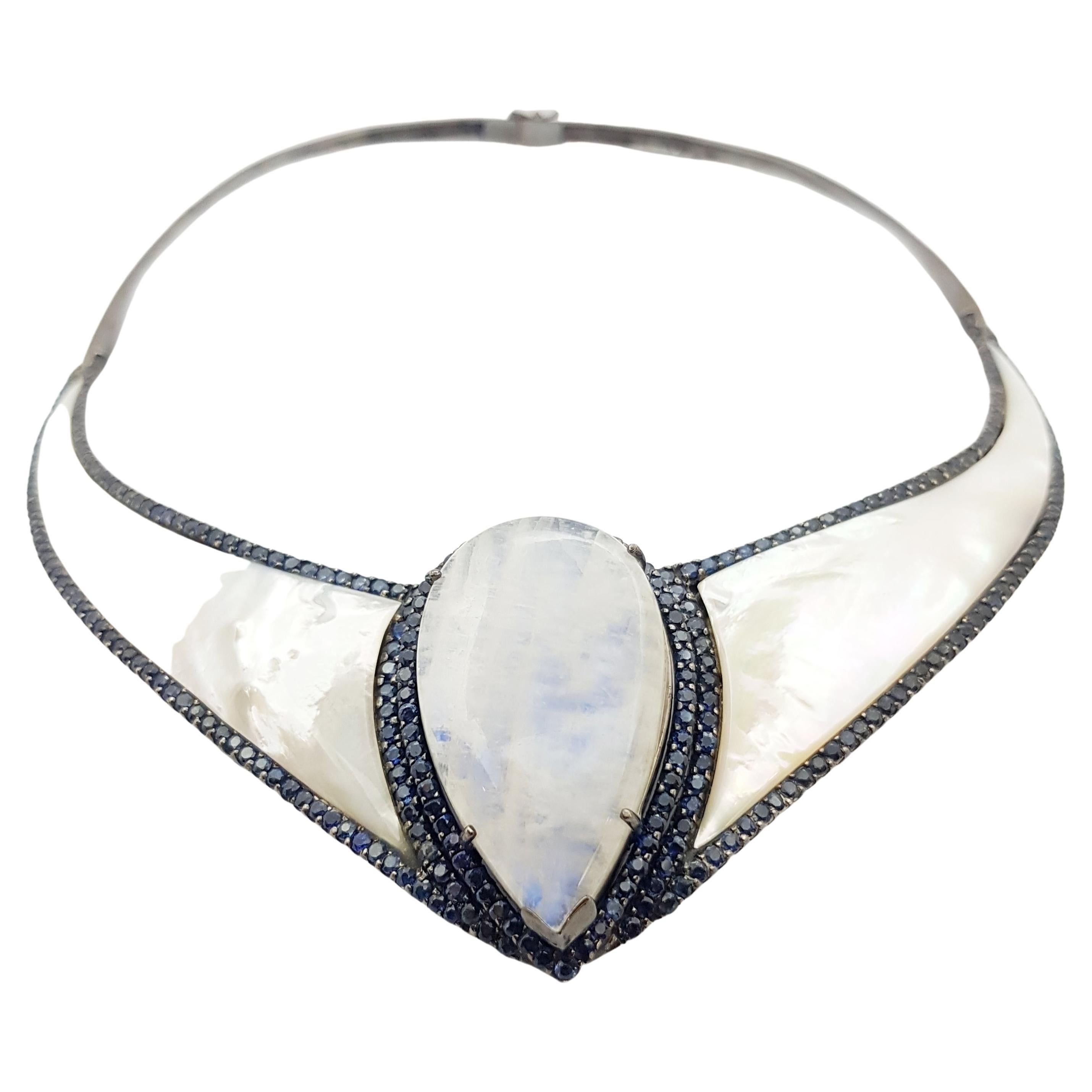 Mother of Pearl, Moonstone and Blue Sapphire Necklace set in Silver Settings For Sale