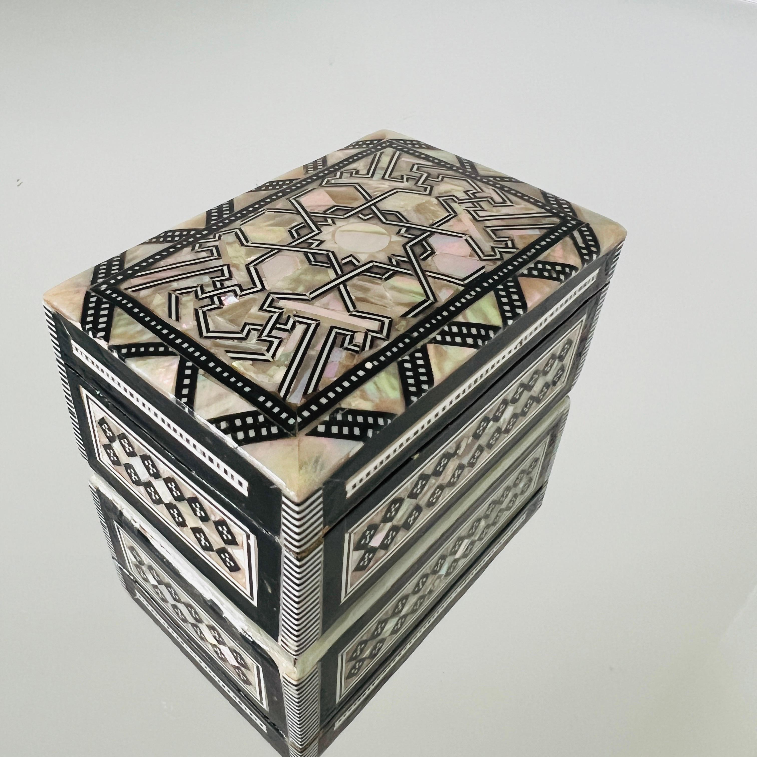 Moorish Mother of Pearl Mosaic Inlay Trinket Box, Middle Eastern, c. 1960's For Sale
