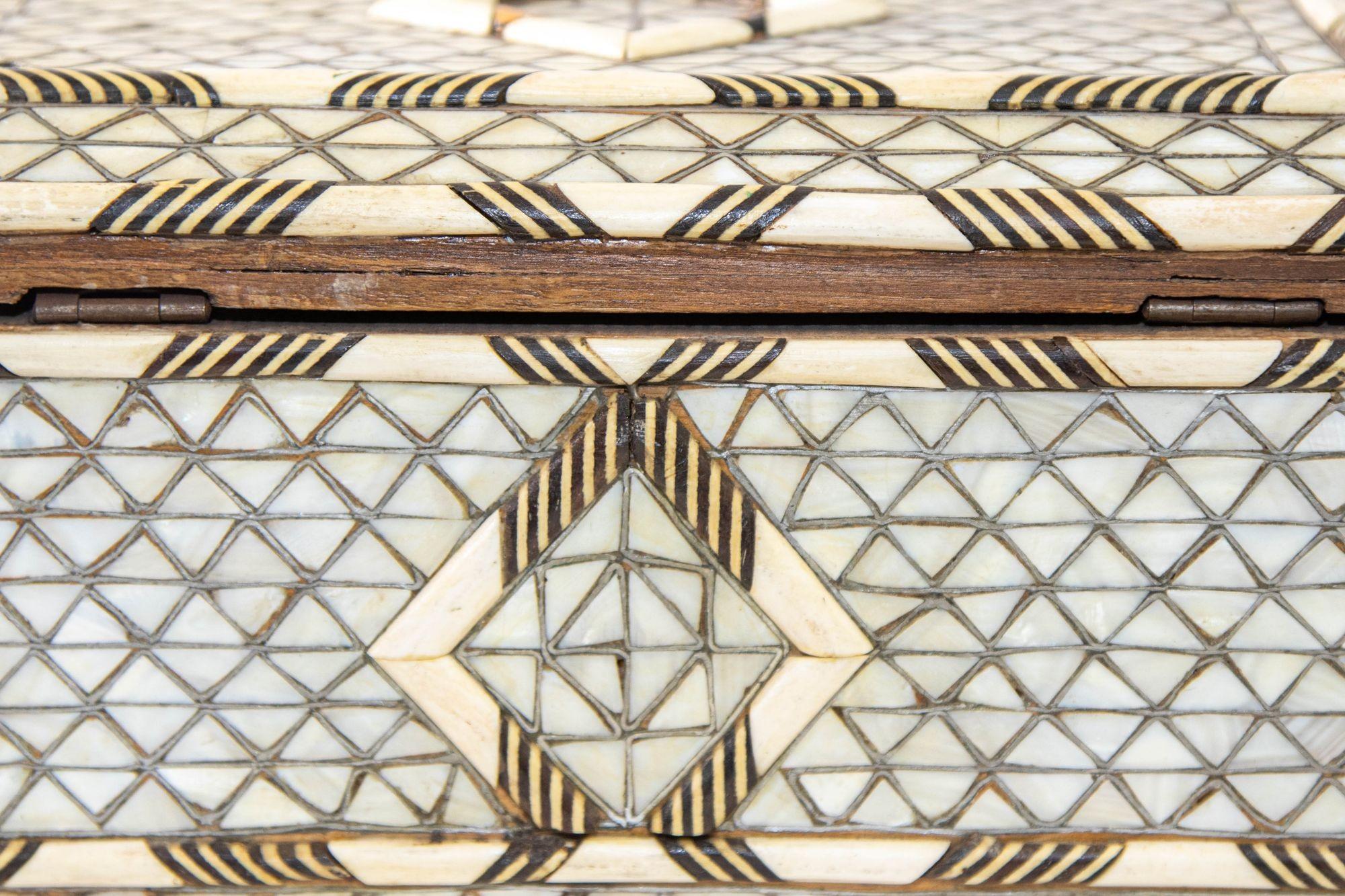 Mother of Pearl Mounted Syrian Ottoman Jewelry Box with Bone Inlay Casket 19th C 9