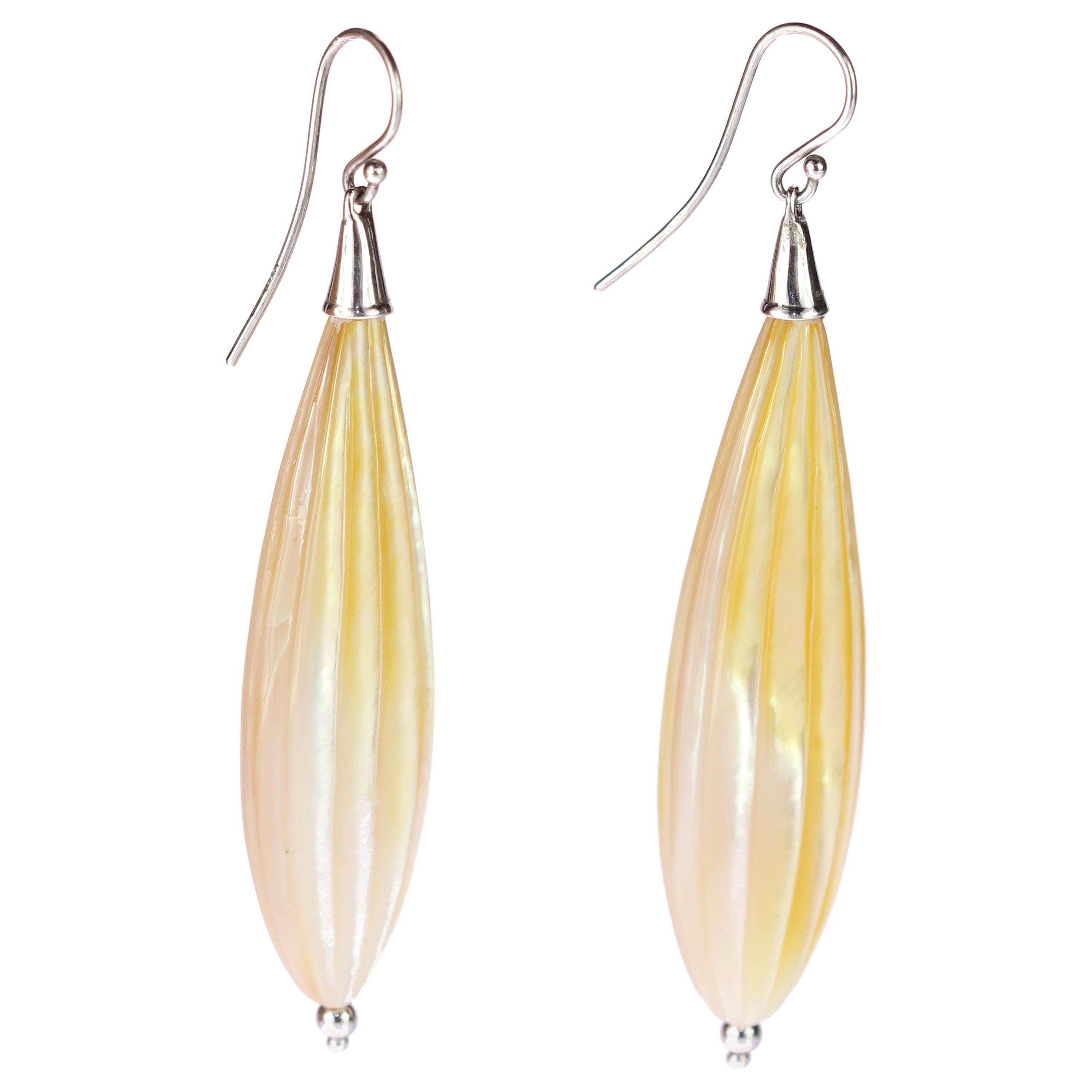 Mother of Pearl Natural Color Carved Tear Drop Silver Dangle Handmade Earrings