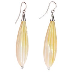 Mother of Pearl Natural Color Carved Tear Drop Silver Dangle Handmade Earrings