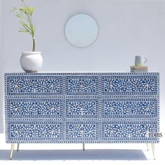 Mother of Pearl Nine-Drawer Dresser, Gold Legs & Brass Knobs by House of Jaipur