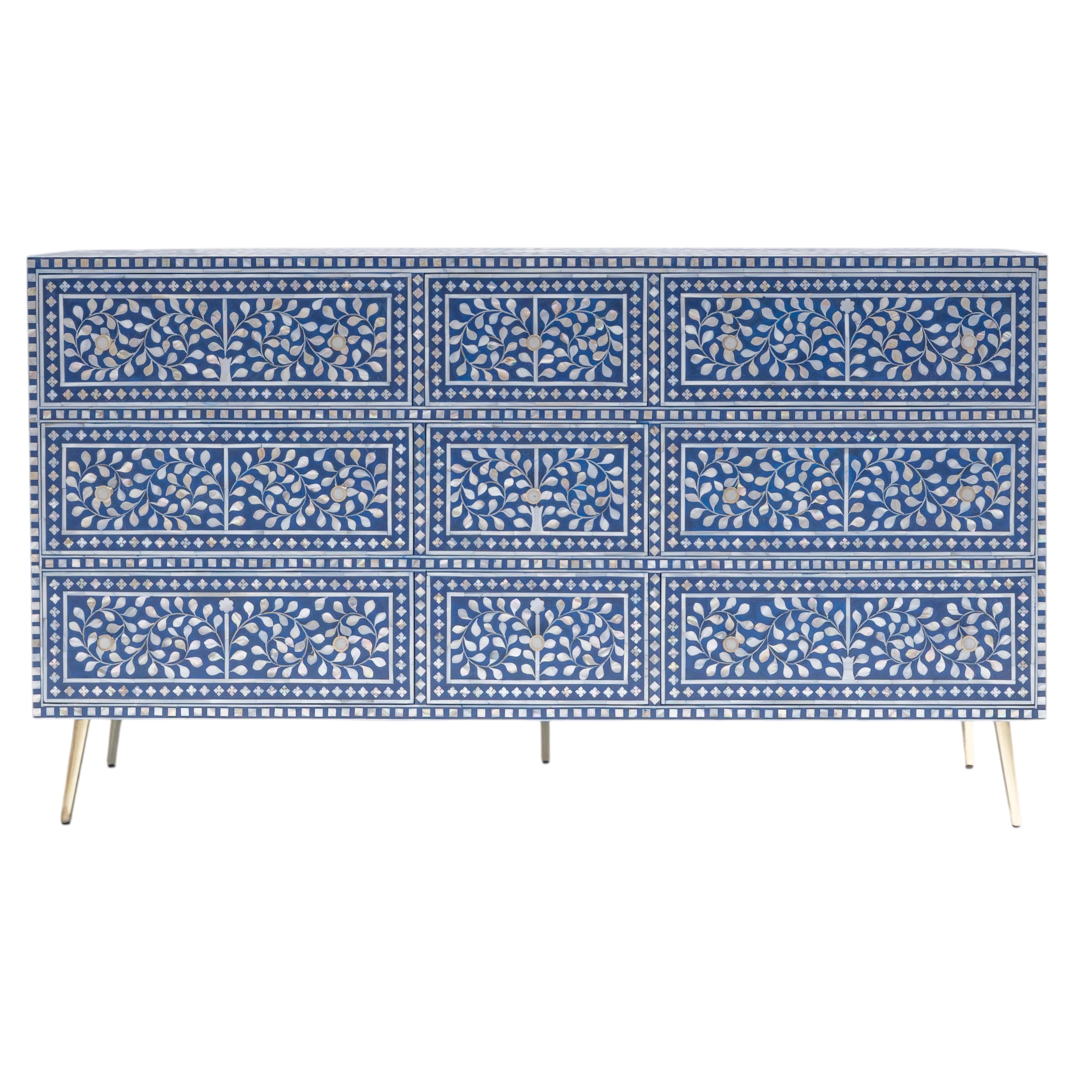 Mother of Pearl Nine-Drawer Dresser, Gold Legs & Brass Knobs by House of Jaipur