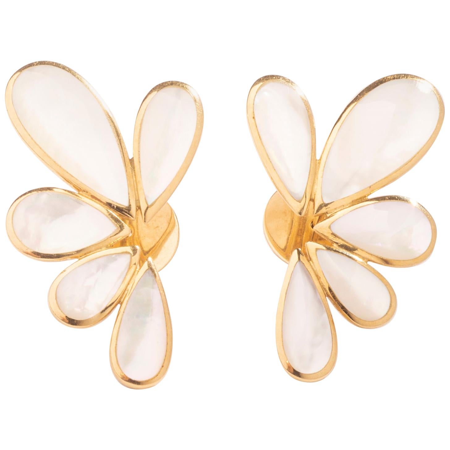 Mother of Pearl on Yellow Gold Stylized Flower Ear Clips For Sale