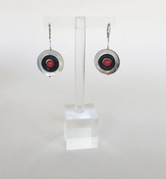 Marina J Mother of Pearl, Onyx and red Coral Earrings with 14 K White Gold