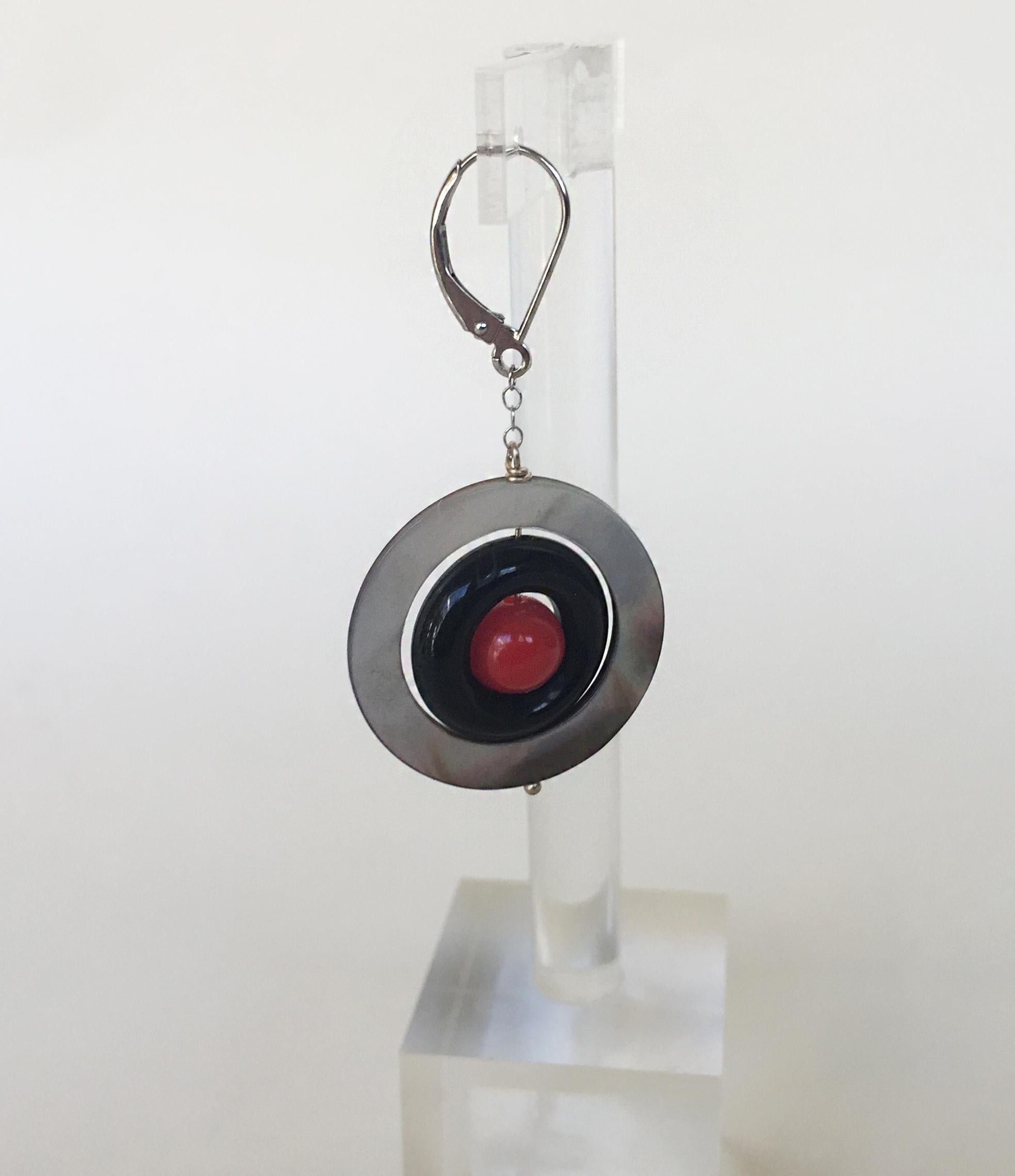 Artist Marina J Mother of Pearl, Onyx and red Coral Earrings with 14 K White Gold For Sale