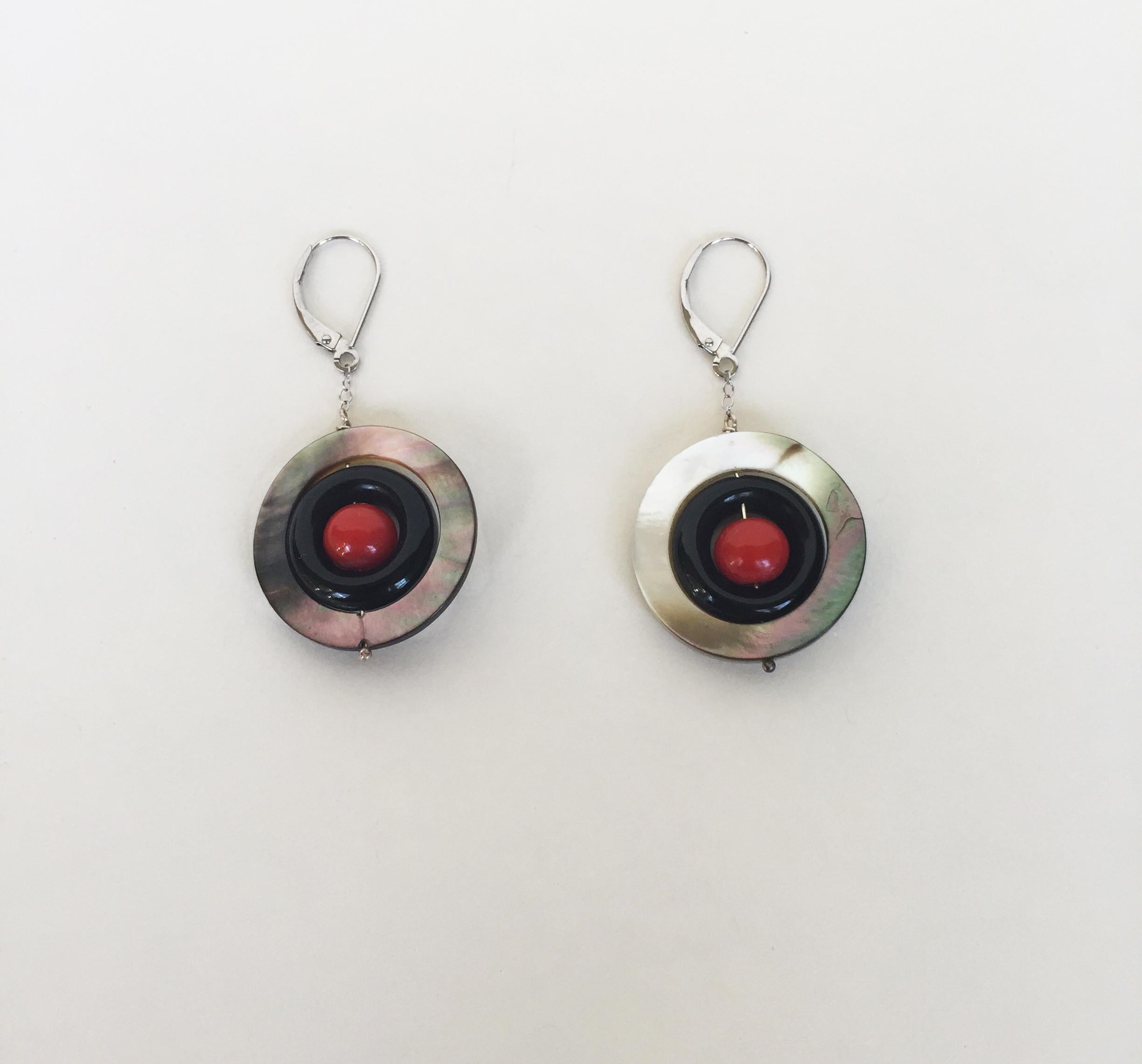 Bead Marina J Mother of Pearl, Onyx and red Coral Earrings with 14 K White Gold For Sale