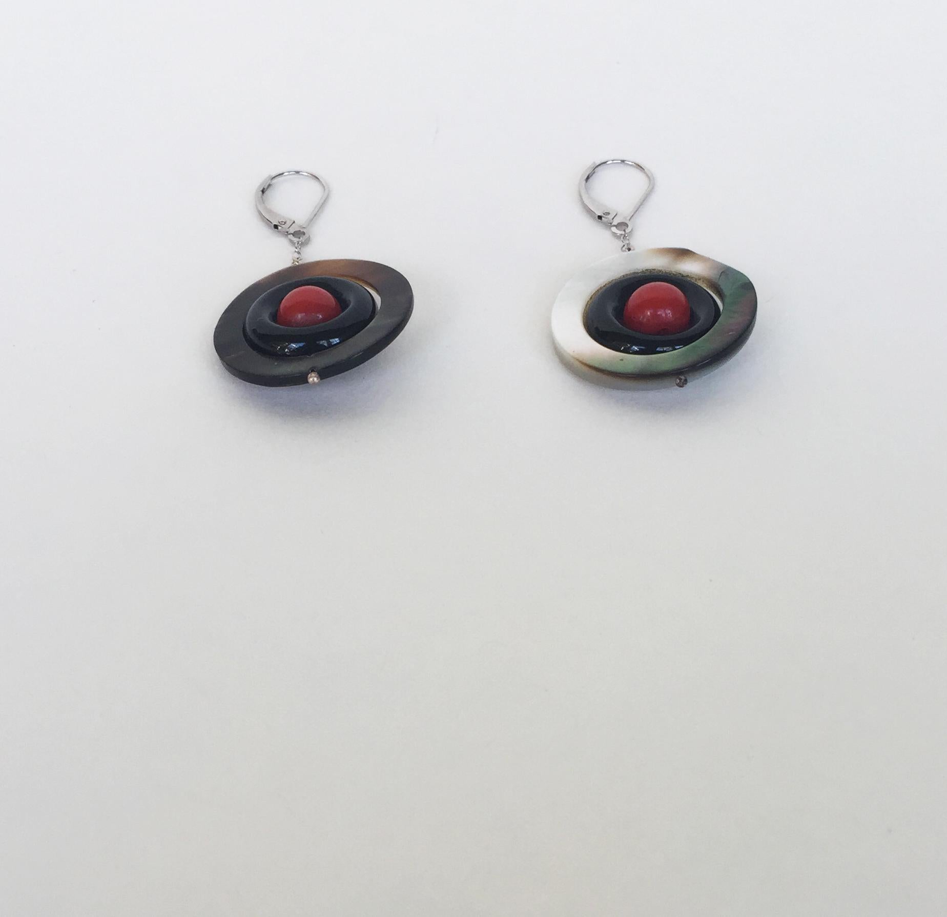 Marina J Mother of Pearl, Onyx and red Coral Earrings with 14 K White Gold In New Condition For Sale In Los Angeles, CA