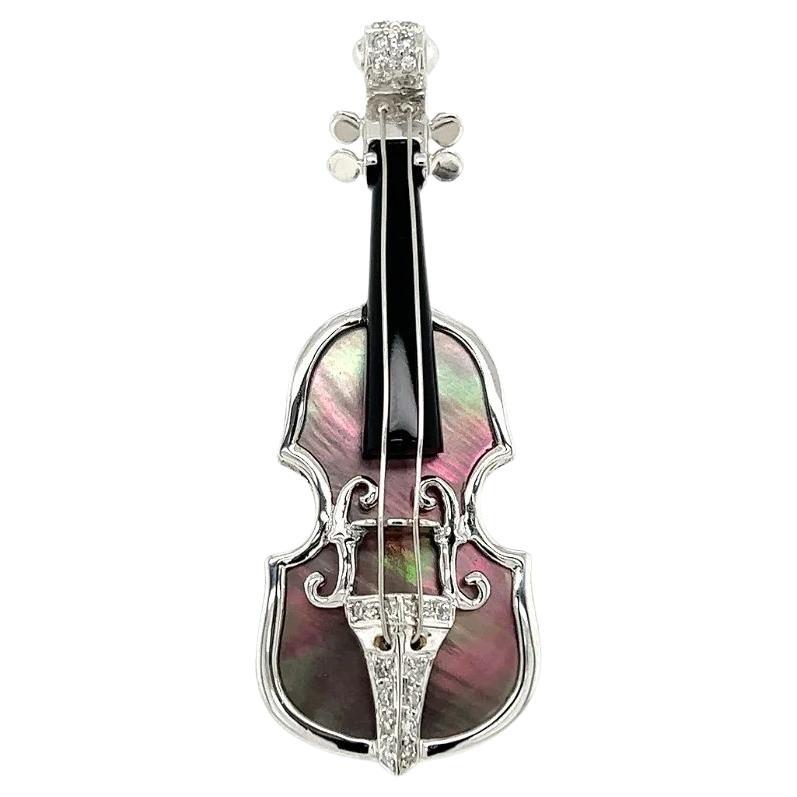 Broche violon vintage en or, onyx, nacre et diamants