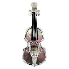 Vintage Gold Violin-Brosche/Anstecknadel, Perlmutt Onyx und Diamant