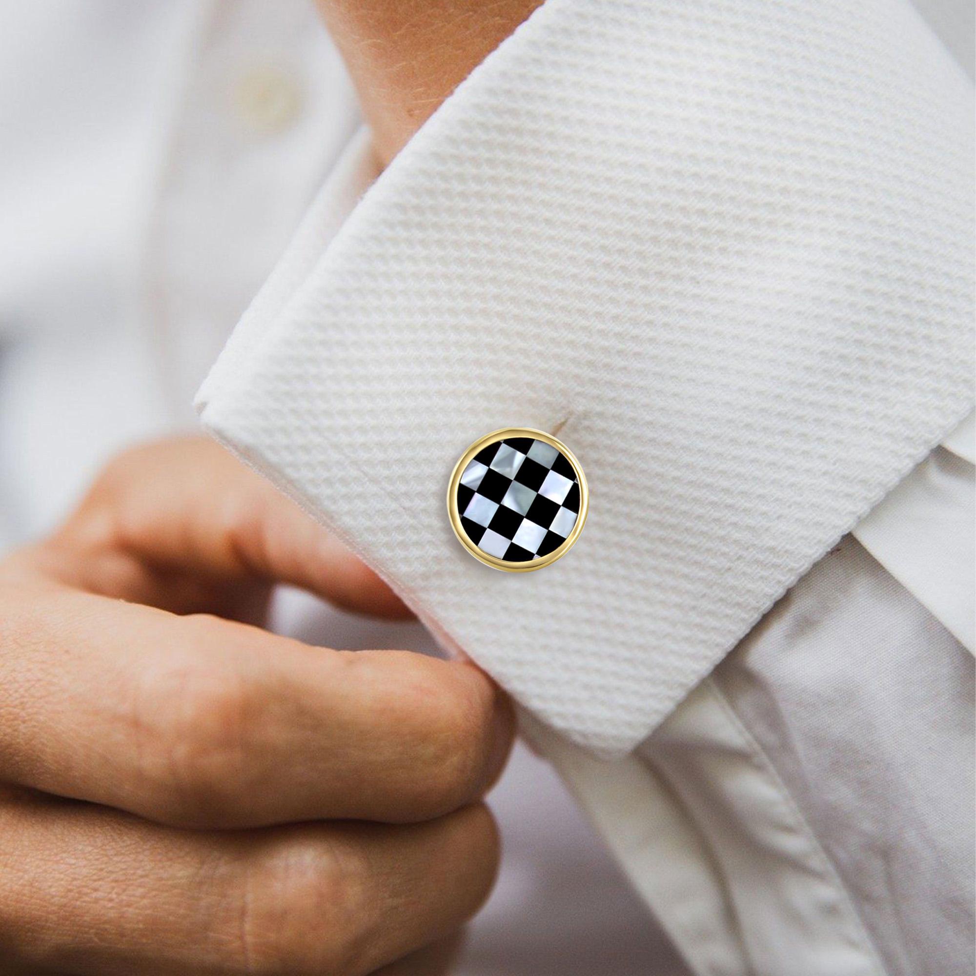 Uncut Mother of Pearl & Onyx Checkered Design Cuff Links 14k Yellow Gold  For Sale