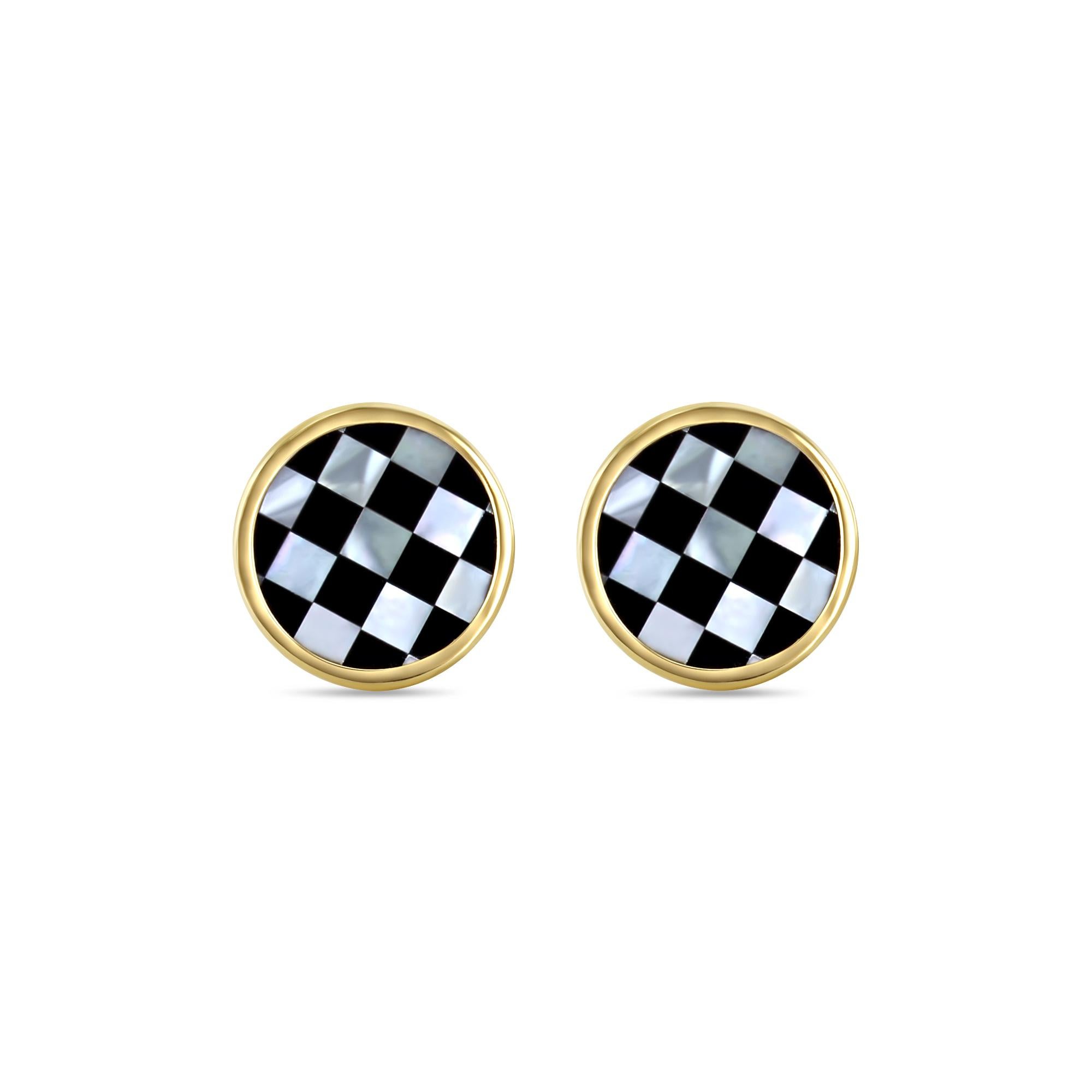 Mother of Pearl & Onyx Checkered Design Cuff Links 14k Yellow Gold  For Sale