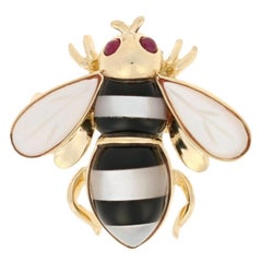 Retro Mother of Pearl, Onyx, & Ruby Bumblebee Brooch/Pendant 14k Gold Cabochon .10ctw