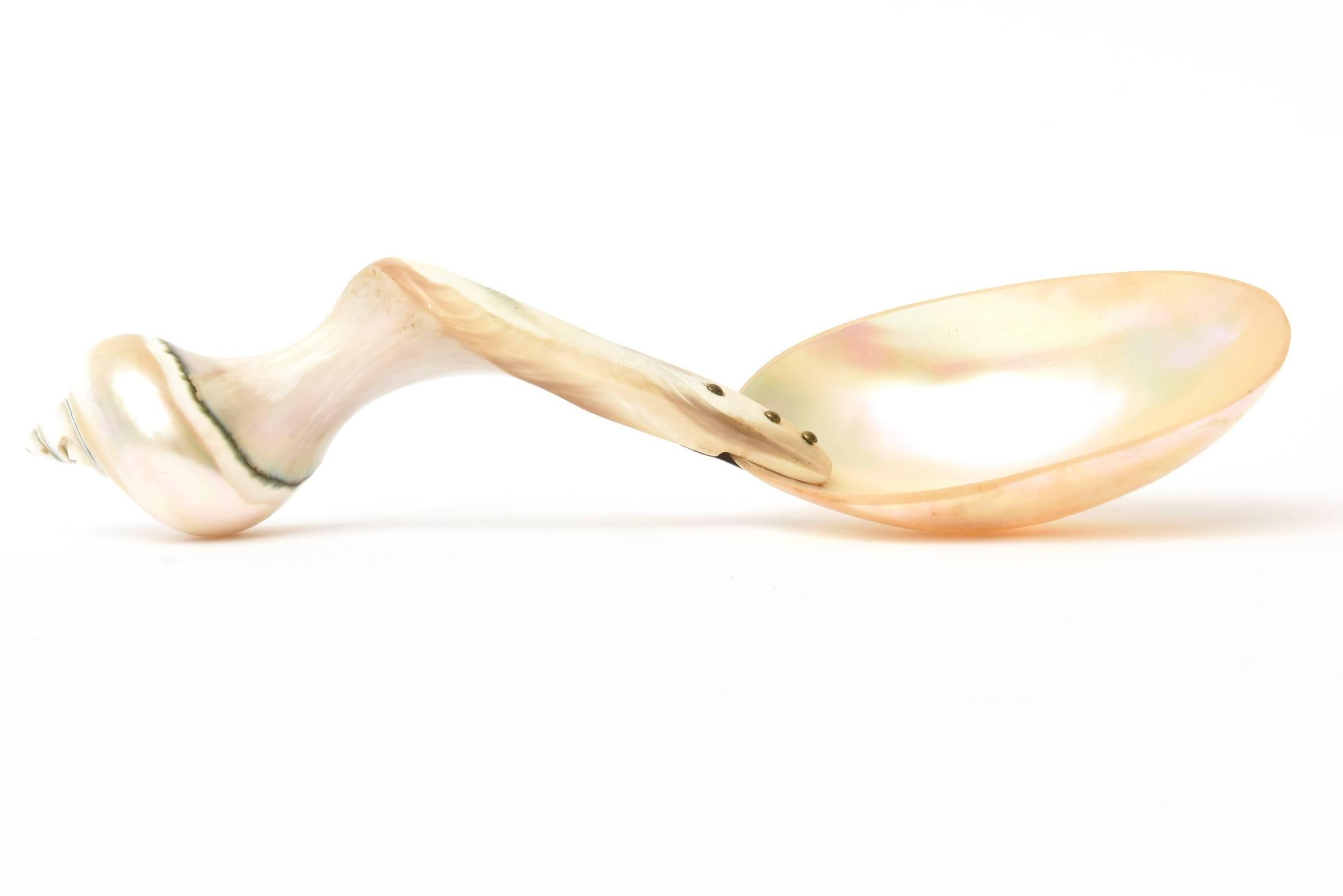 This lovely twisted vintage spiral organic shaped mother of pearl sculptural serving spoon is so versatile. It makes a great addition to any elegant tabletop and dining. Perfect now for stay at home dinners or all your entertaining needs. This