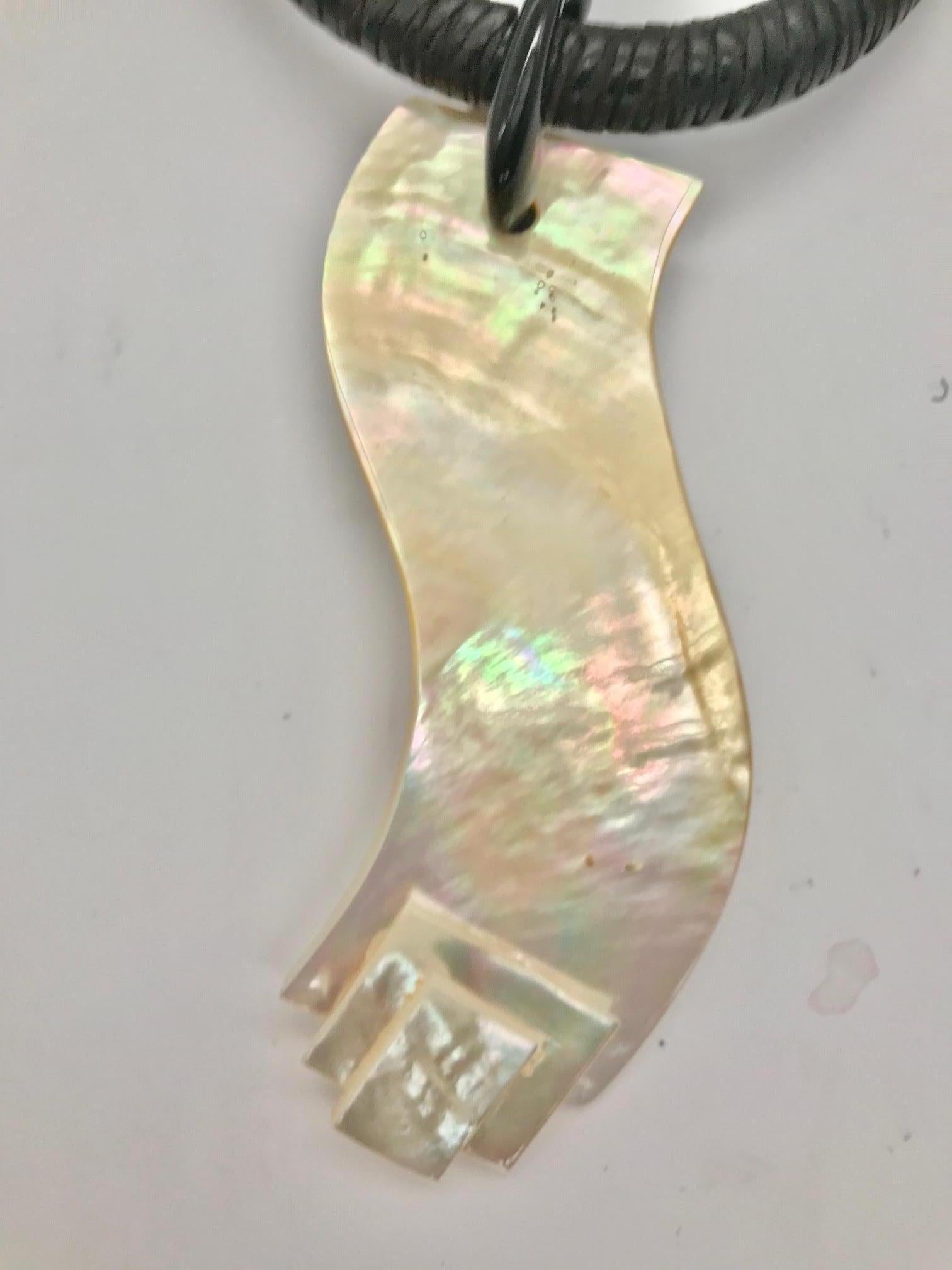 Contemporary Mother of pearl , Organic shape Pendant, Leather Necklace by Sylvia Gottwald For Sale