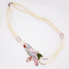 Mother Of Pearl Parrot Necklace With Moonstone & Rose Quartz Beads By Lee Sands