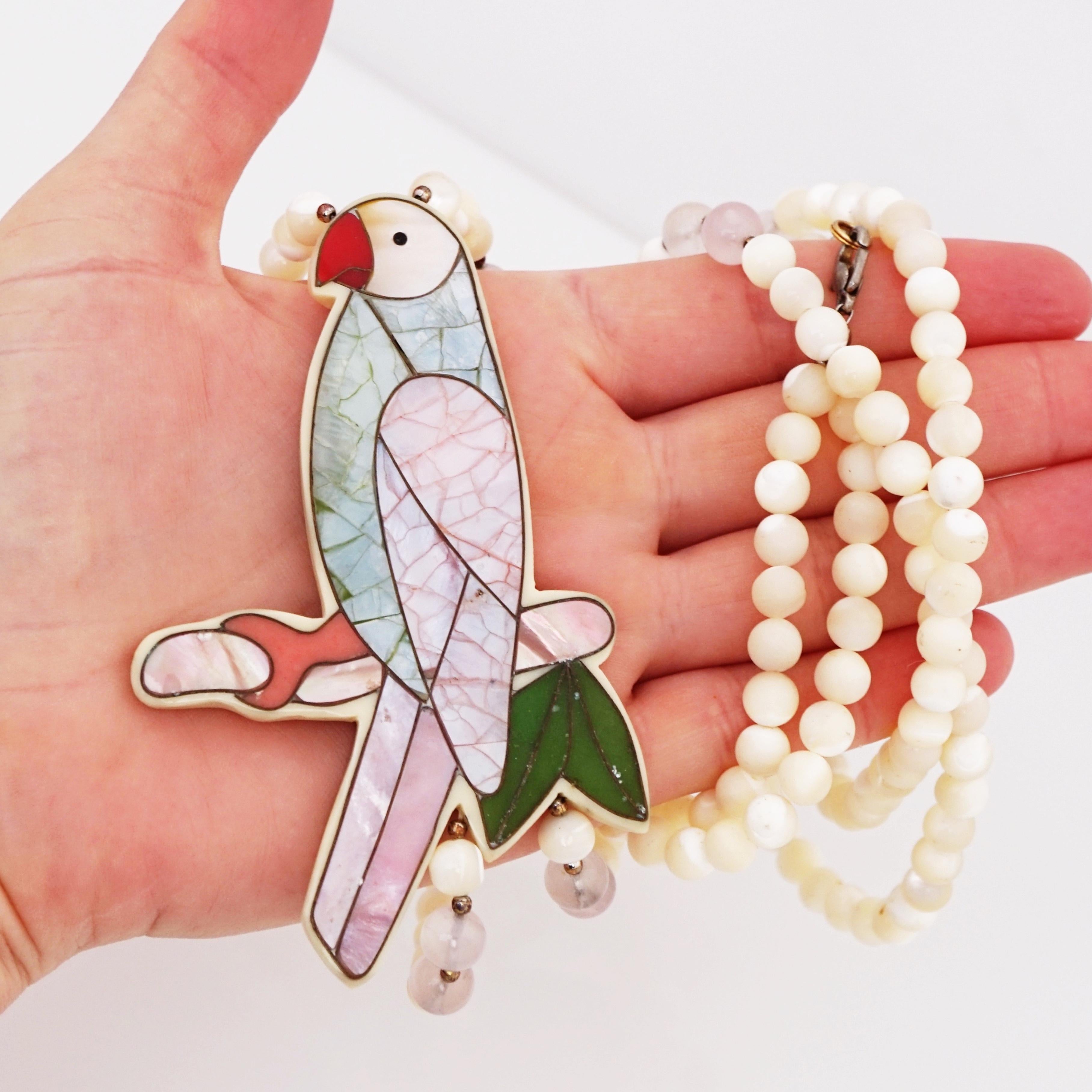 Modern Mother Of Pearl Parrot Necklace With Moonstone & Rose Quartz Beads By Lee Sands
