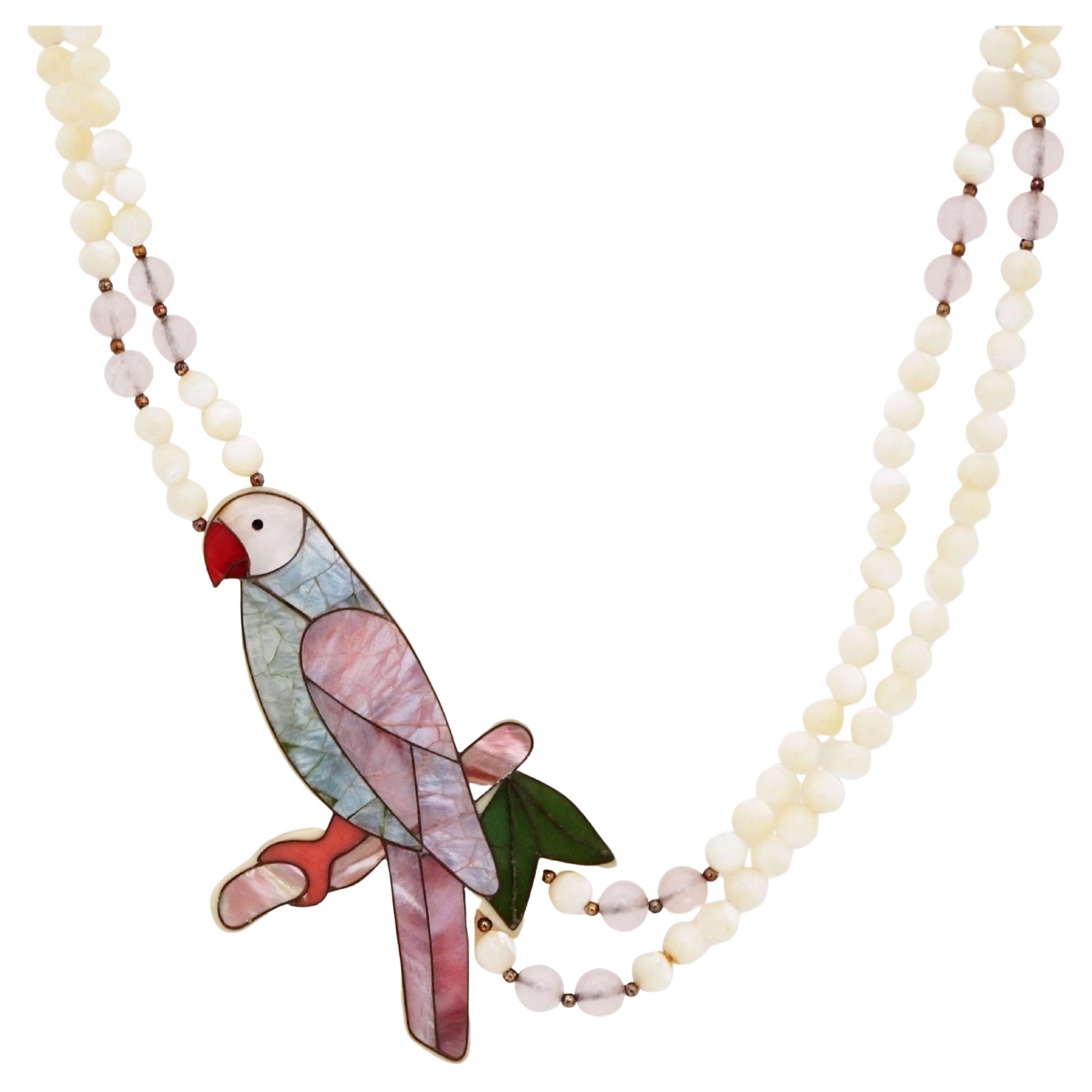Mother Of Pearl Parrot Necklace With Moonstone & Rose Quartz Beads By Lee Sands