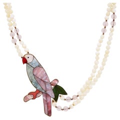 Vintage Mother Of Pearl Parrot Necklace With Moonstone & Rose Quartz Beads By Lee Sands