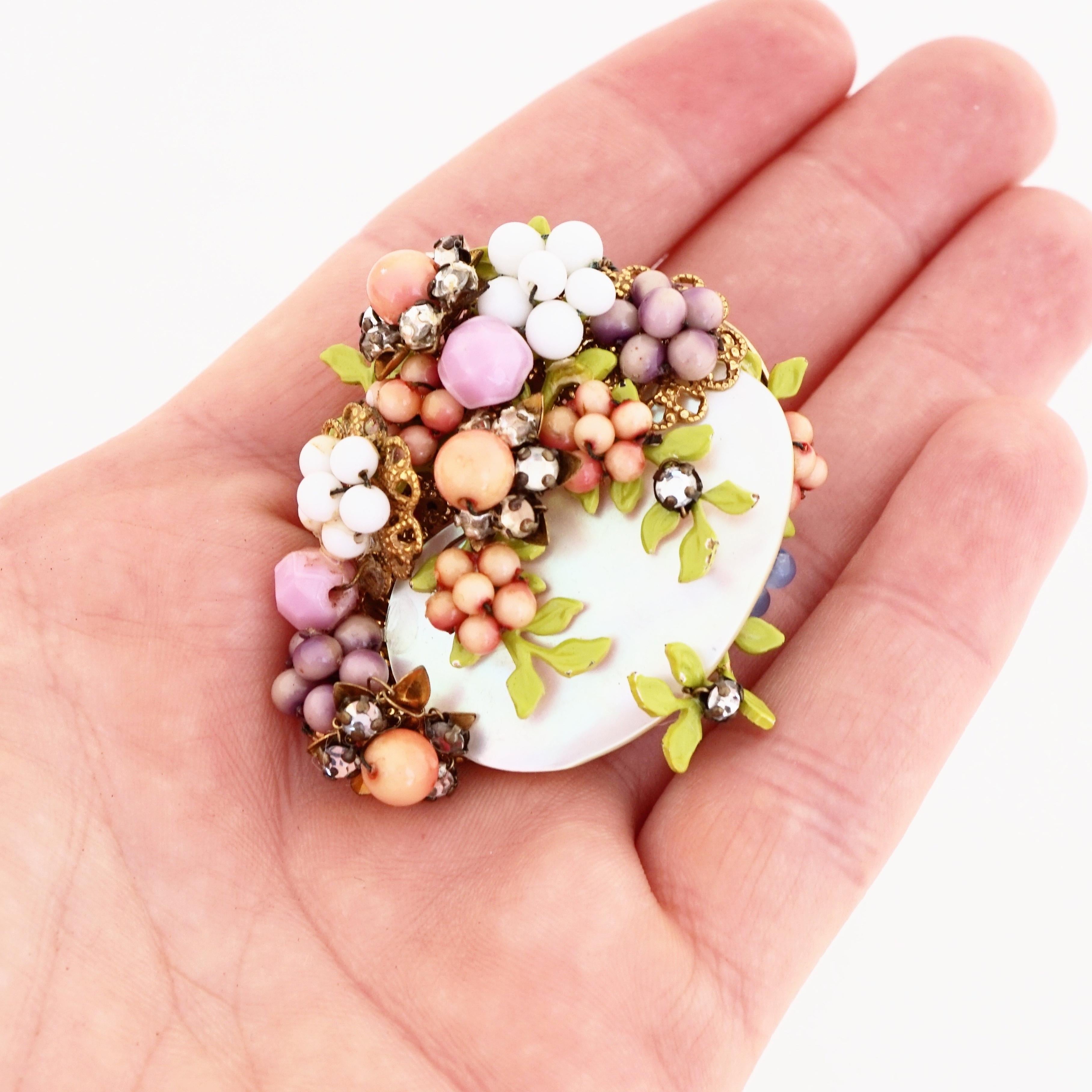 Mother of Pearl & Pastel Beaded Floral Cluster Brooch By Miriam Haskell, 1940s In Good Condition For Sale In McKinney, TX