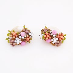 Mother of Pearl & Pastel Beaded Floral Cluster Earrings By Miriam Haskell